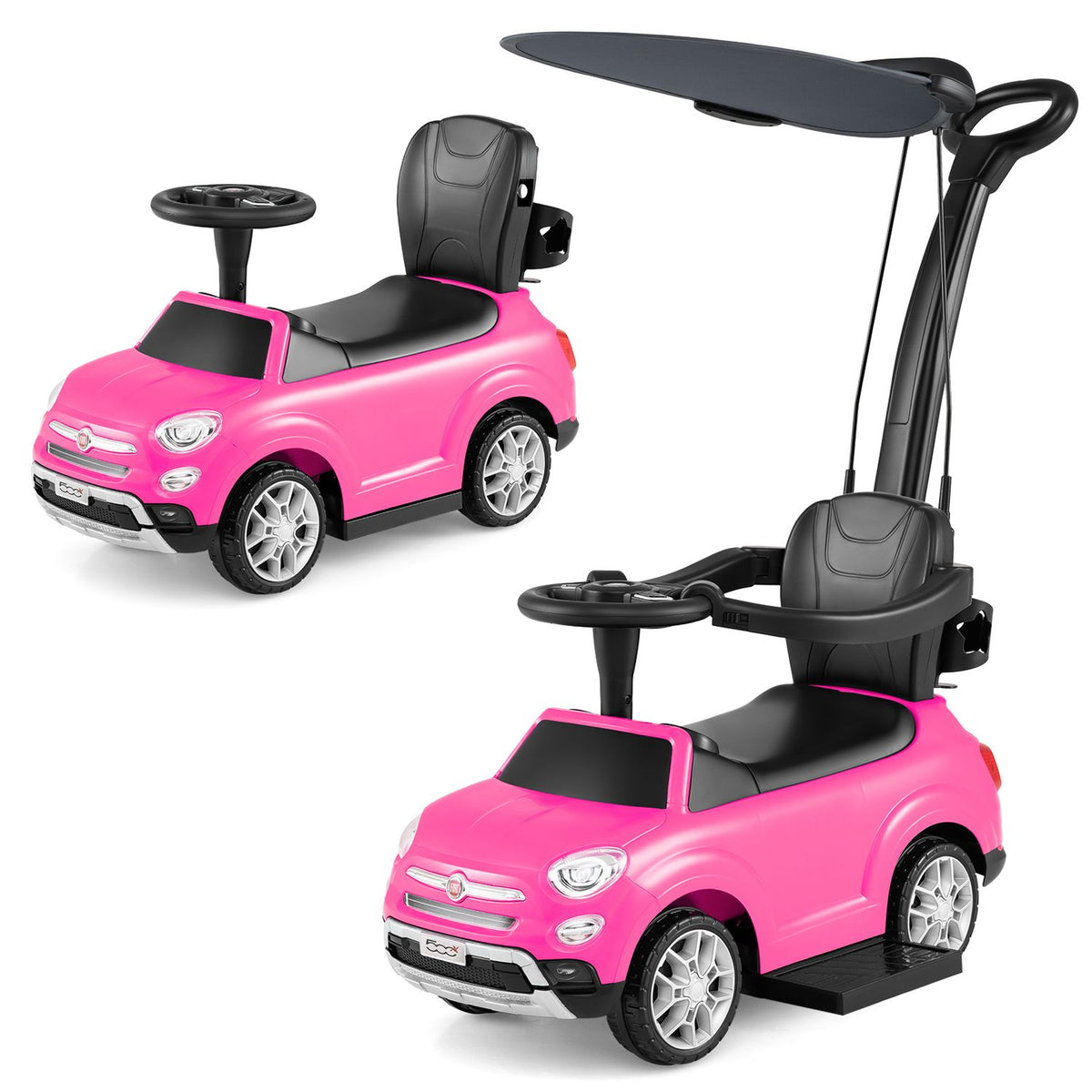 Two views show the pink ride-on car with its canopy and push handle, and with them removed.
