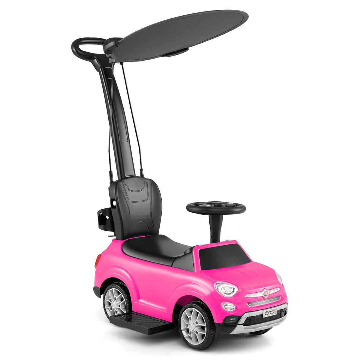Pink ride-on car with a tall push handle, overhead canopy, steering wheel and footrests.