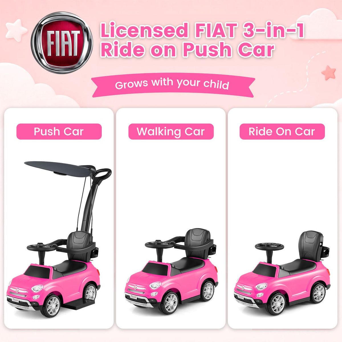Three views show the pink ride-on car with a canopy handle, without it, and in ride-on form.