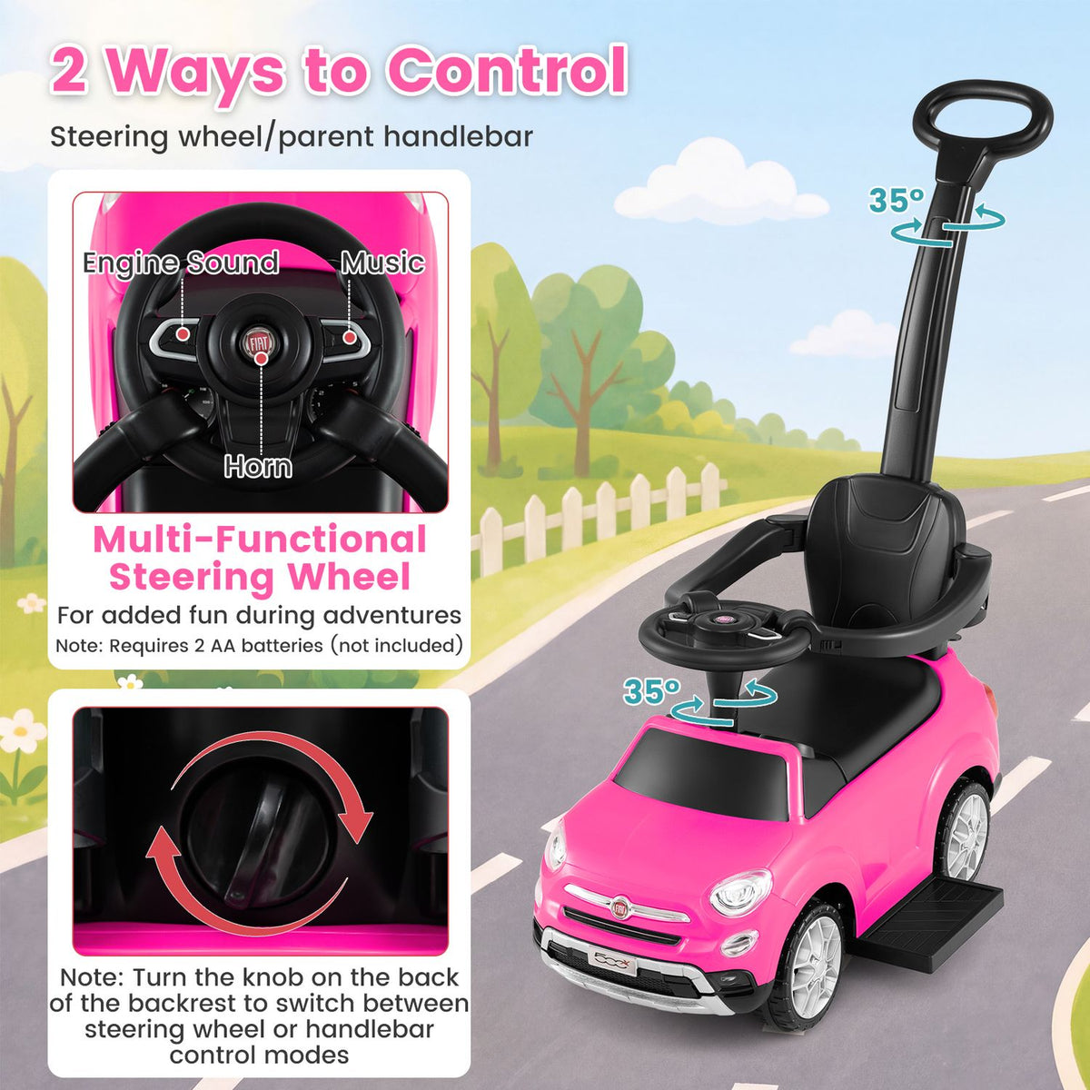 The pink ride-on car is shown with a tall parent handle and close-ups of its steering wheel and controls.