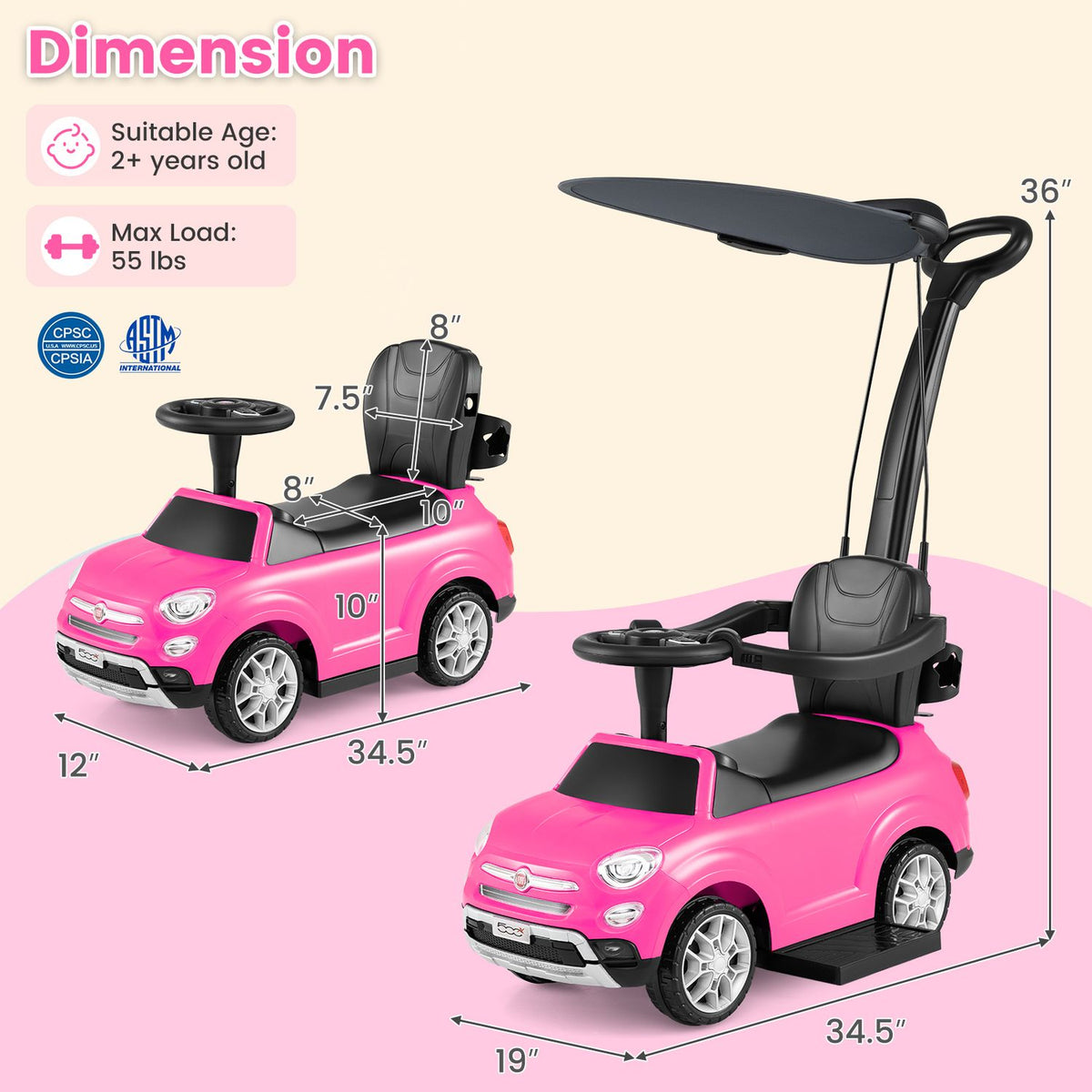 Pink ride-on car shown with its canopy and push handle beside measurement arrows.