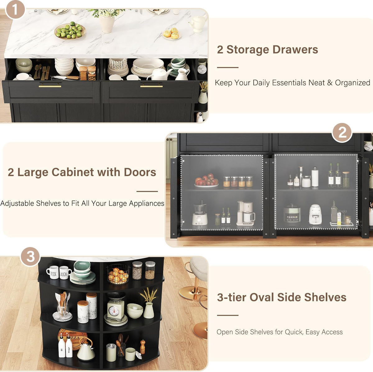 Graphic panel highlighting two storage drawers, two large cabinets with adjustable shelves and three-tier oval side shelves