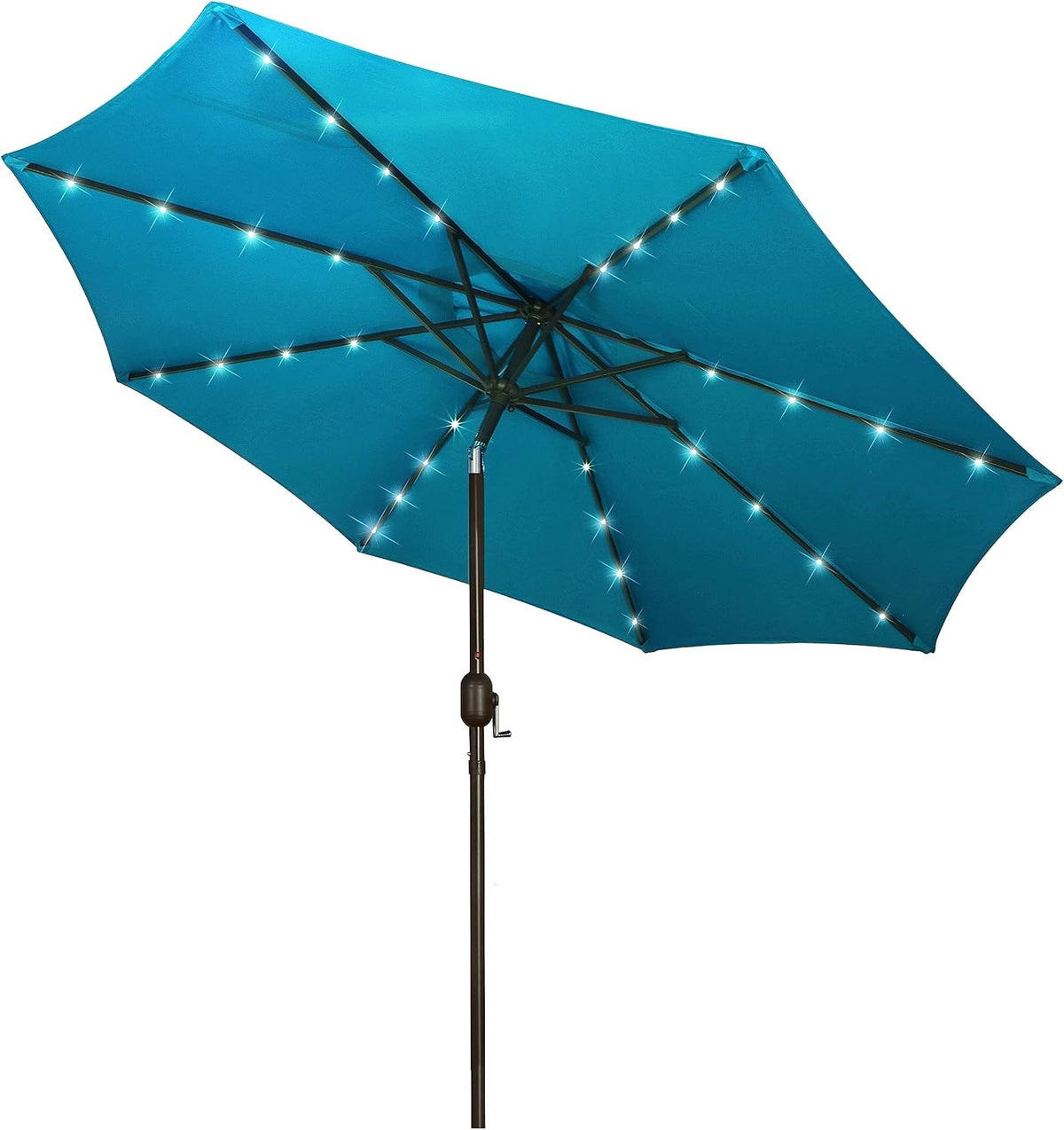 Underside view of a teal patio umbrella with illuminated LED strips along the ribs and a dark brown pole.