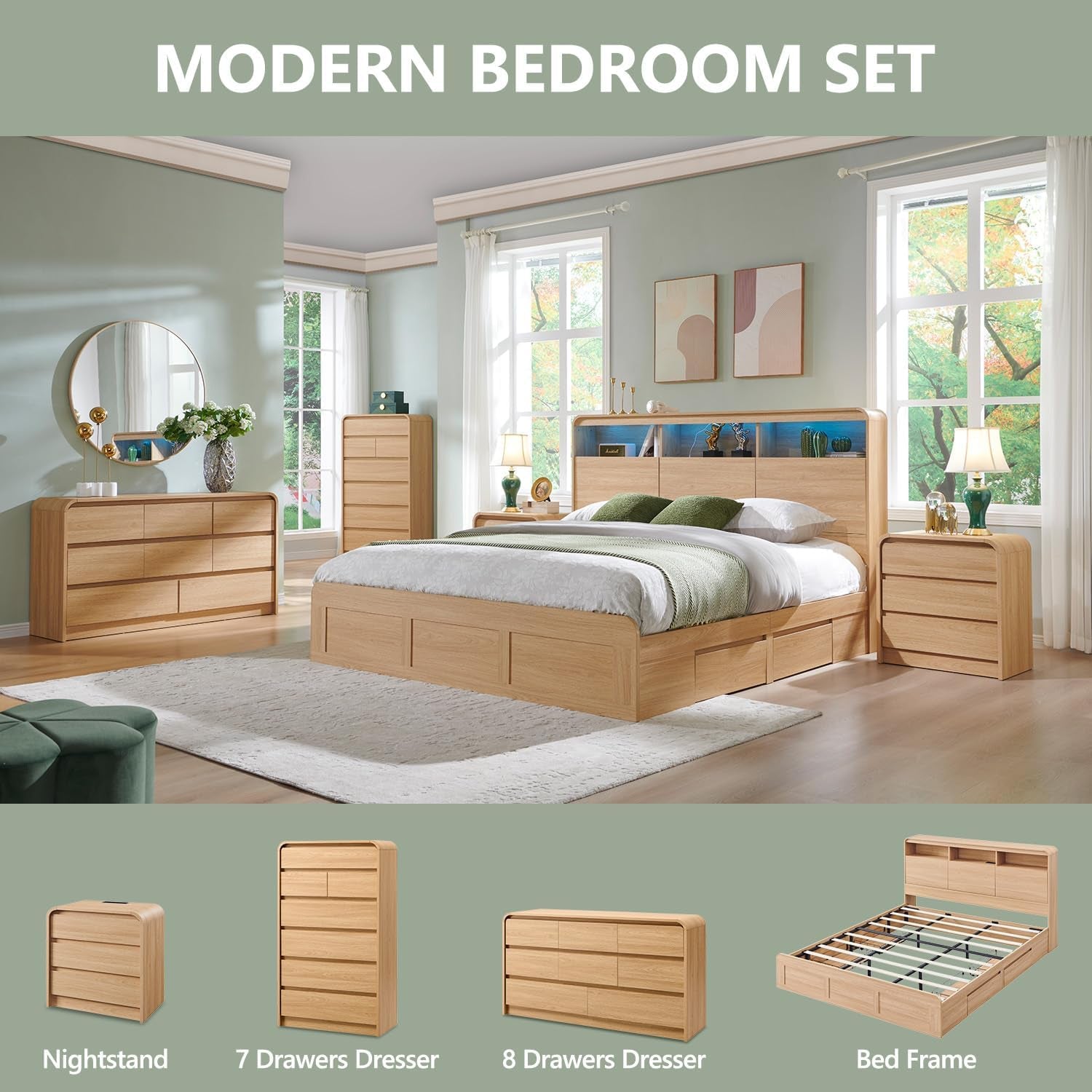 Bedroom set staged in room with matching natural oak bedframe, nightstand and 7-drawer dresser