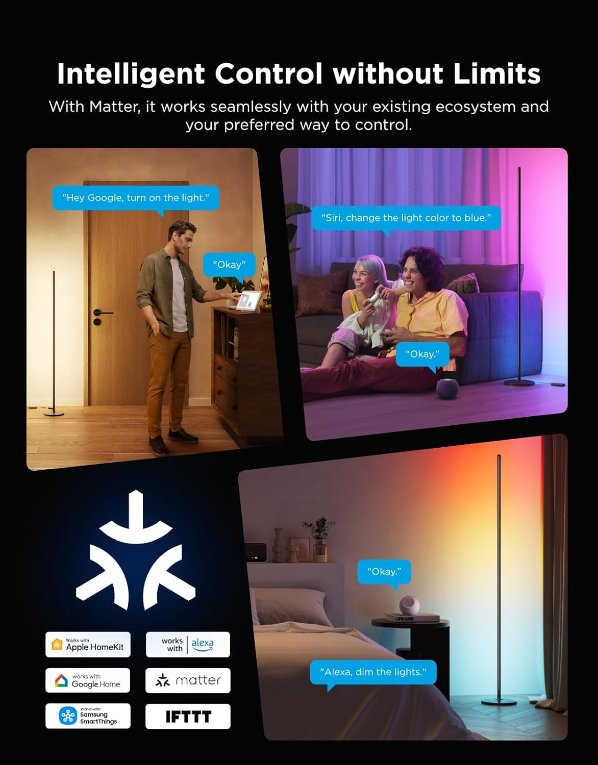 Three-room collage showing the slim floor lamp in different room settings with voice command bubbles