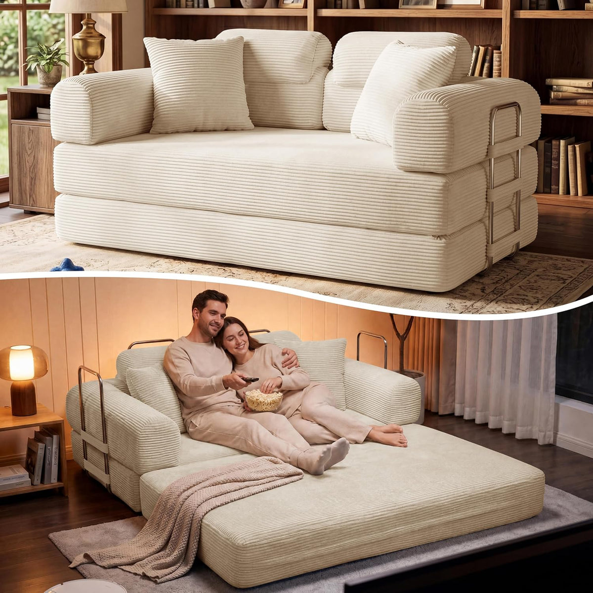 Cream loveseat shown both folded and opened into a low bed with couple lounging on the mattress