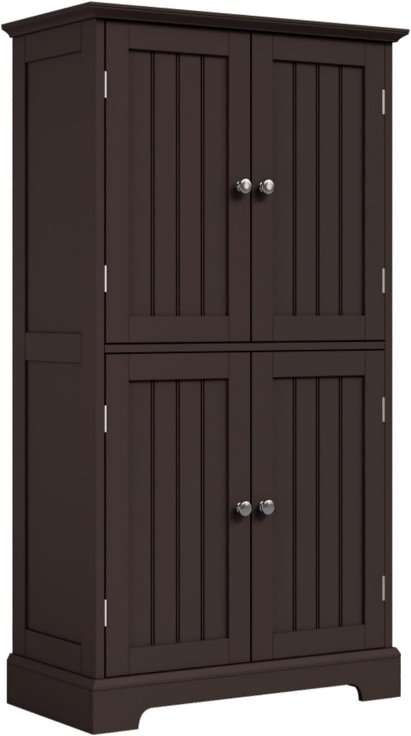 Tall freestanding four-door wooden cabinet with beaded panel doors and round metal knobs, dark brown finish.