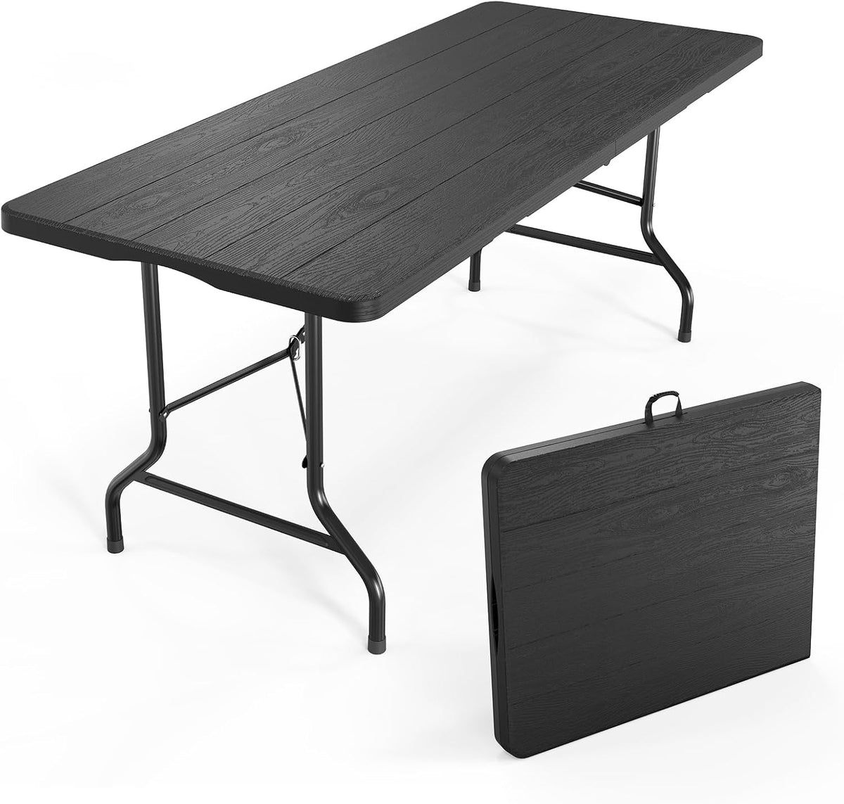 Angled view of the tabletop grain and metal folding legs with the table folded and standing upright nearby