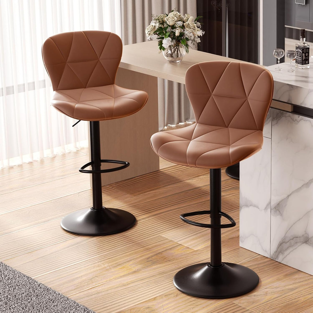 Nalupatio Modern Bar Stools Set of 2, Adjustable Faux Leather Upholstered Swivel Bar Stools, Counter Height, gallery view 13