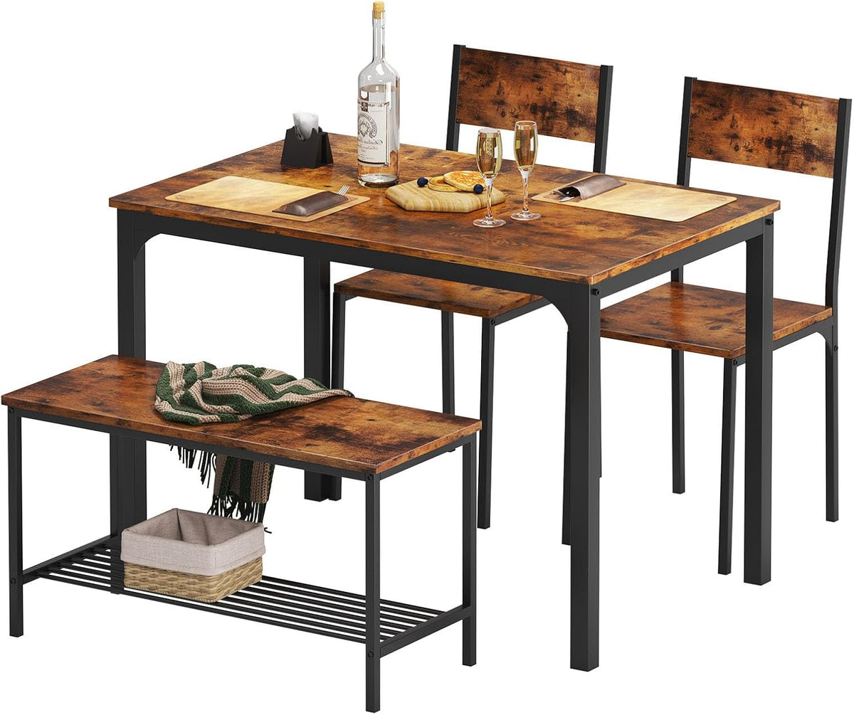 Rustic brown wood-look table with black metal frame, two matching chairs and bench with tabletop place settings.