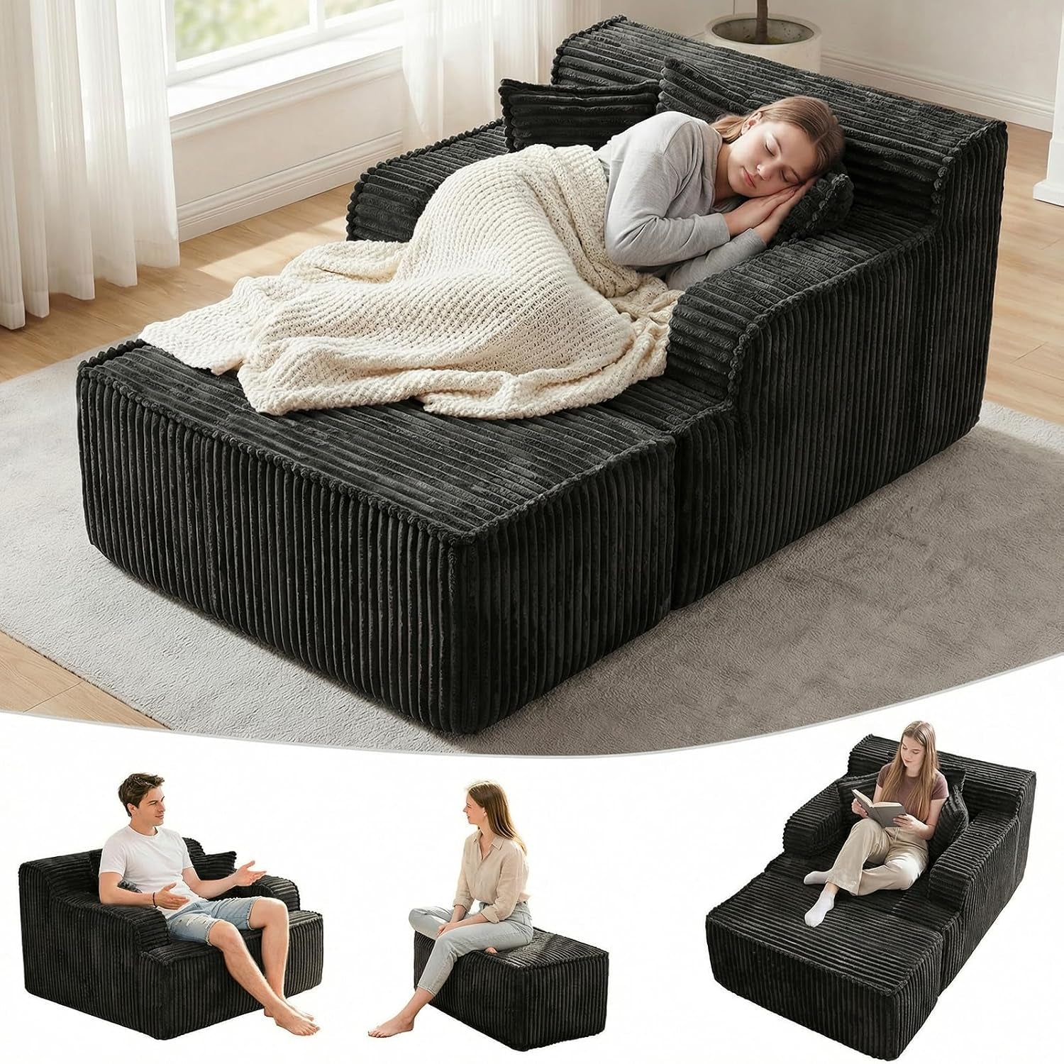 Dark gray corduroy chaise styled as a lounge with blanket and three small images showing seating and ottoman uses