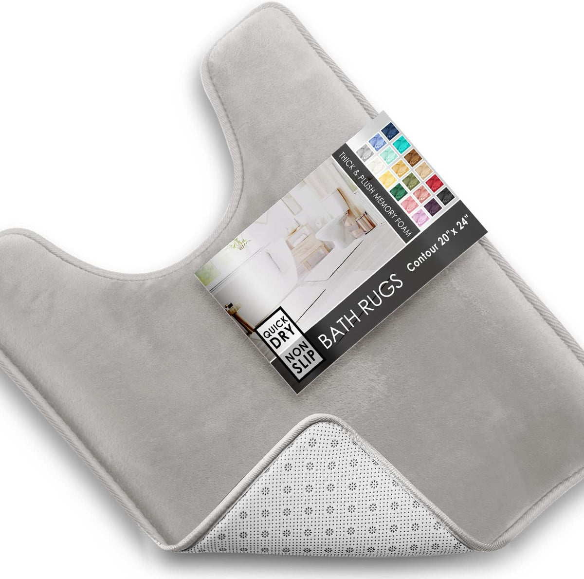 Close-up of a light gray U-shaped velvet bath mat with label and partial view of the dotted underside.