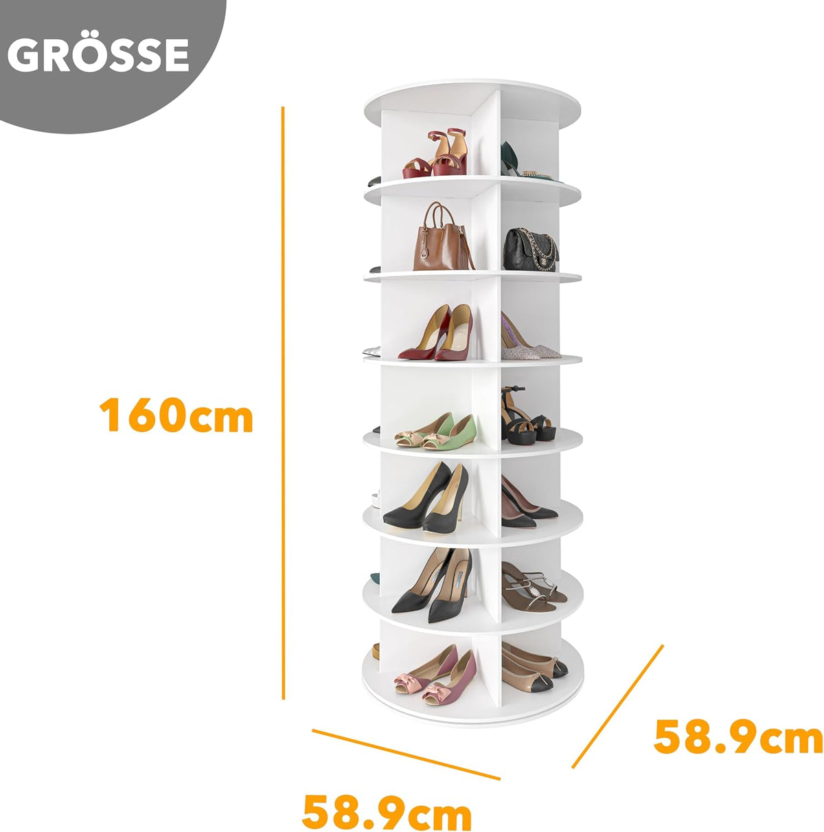 White rotating shoe rack with overlaid dimension graphics showing height and diameter measurements in centimeters