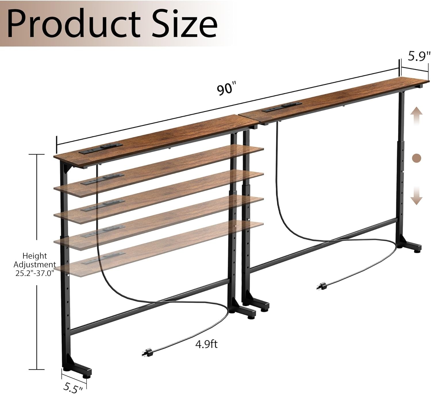 Dimension diagram for two brown console tables showing width, depth, height range, base depth and cord length.