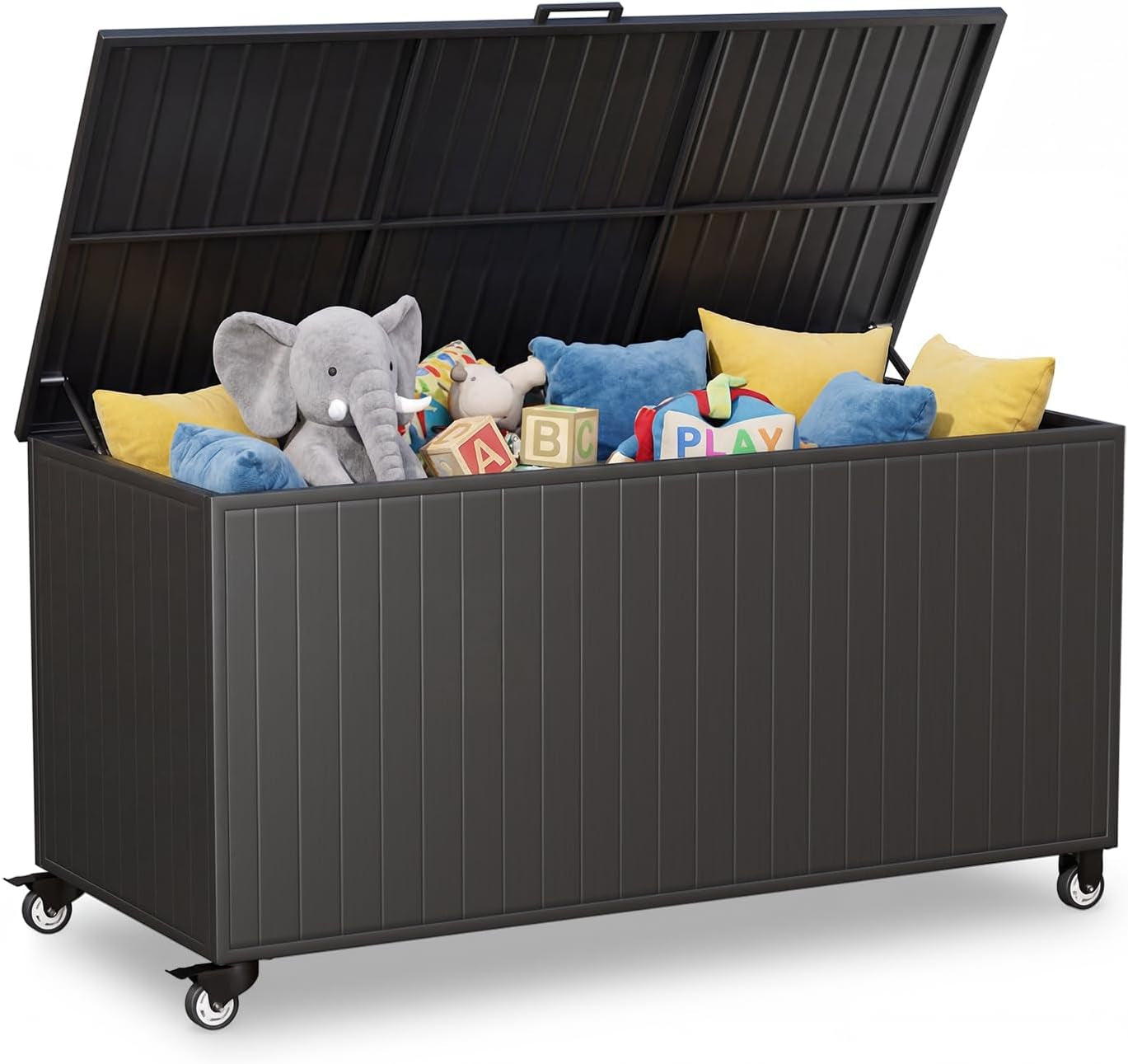 Dark gray outdoor deck box on wheels with open lid filled with cushions and toys