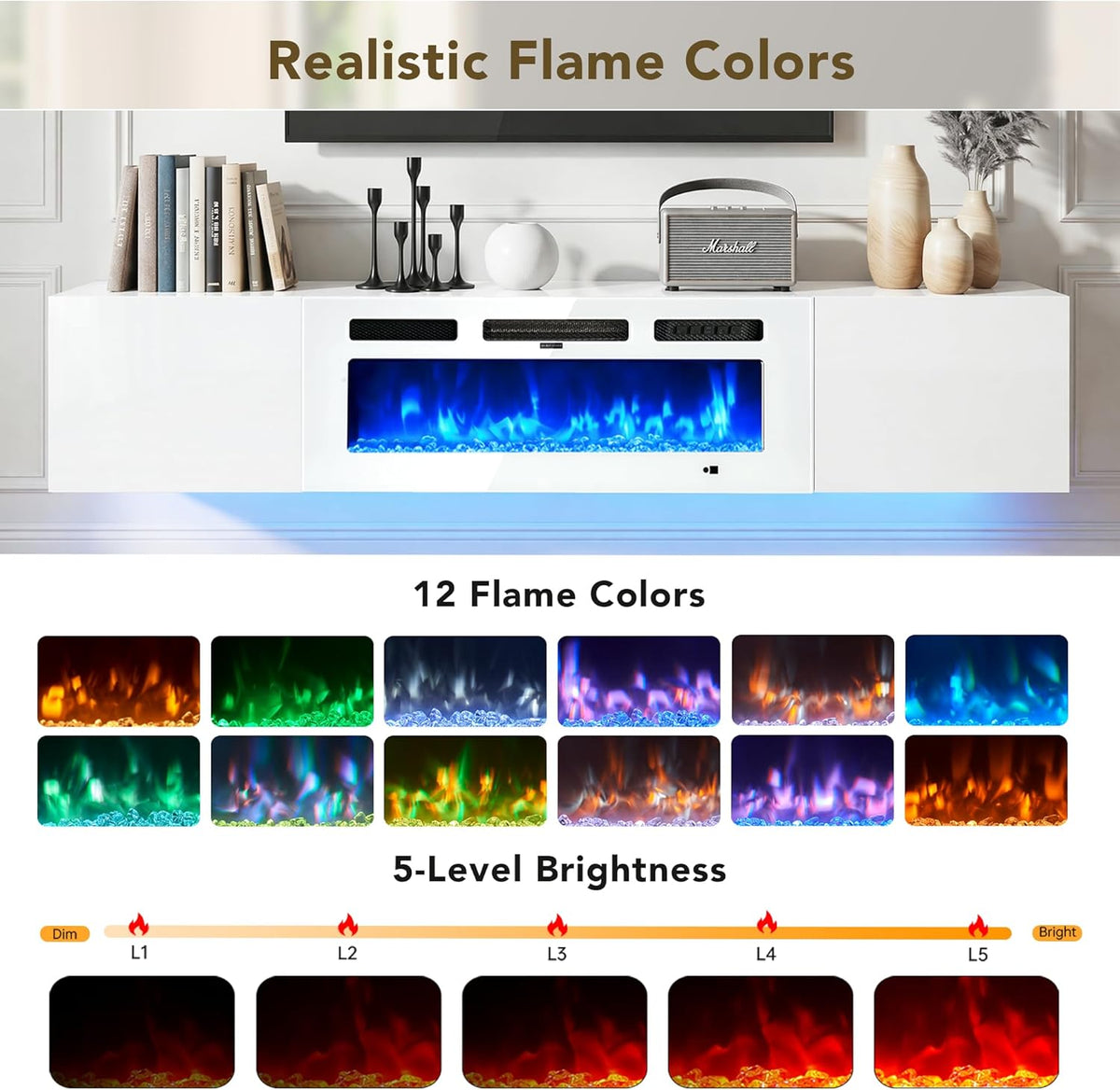 Front view of the white floating console showing vivid blue fireplace flames and a grid of 12 flame color samples