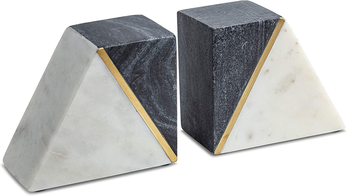 Pair of triangular marble bookends, white and dark gray faces separated by a thin gold metal accent, on white background
