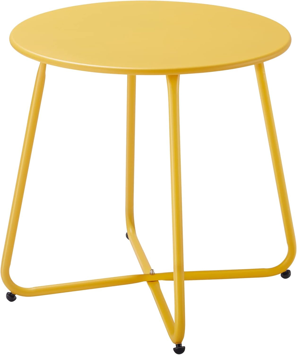 Yellow round metal side table with simple round top and triangular crossed legs
