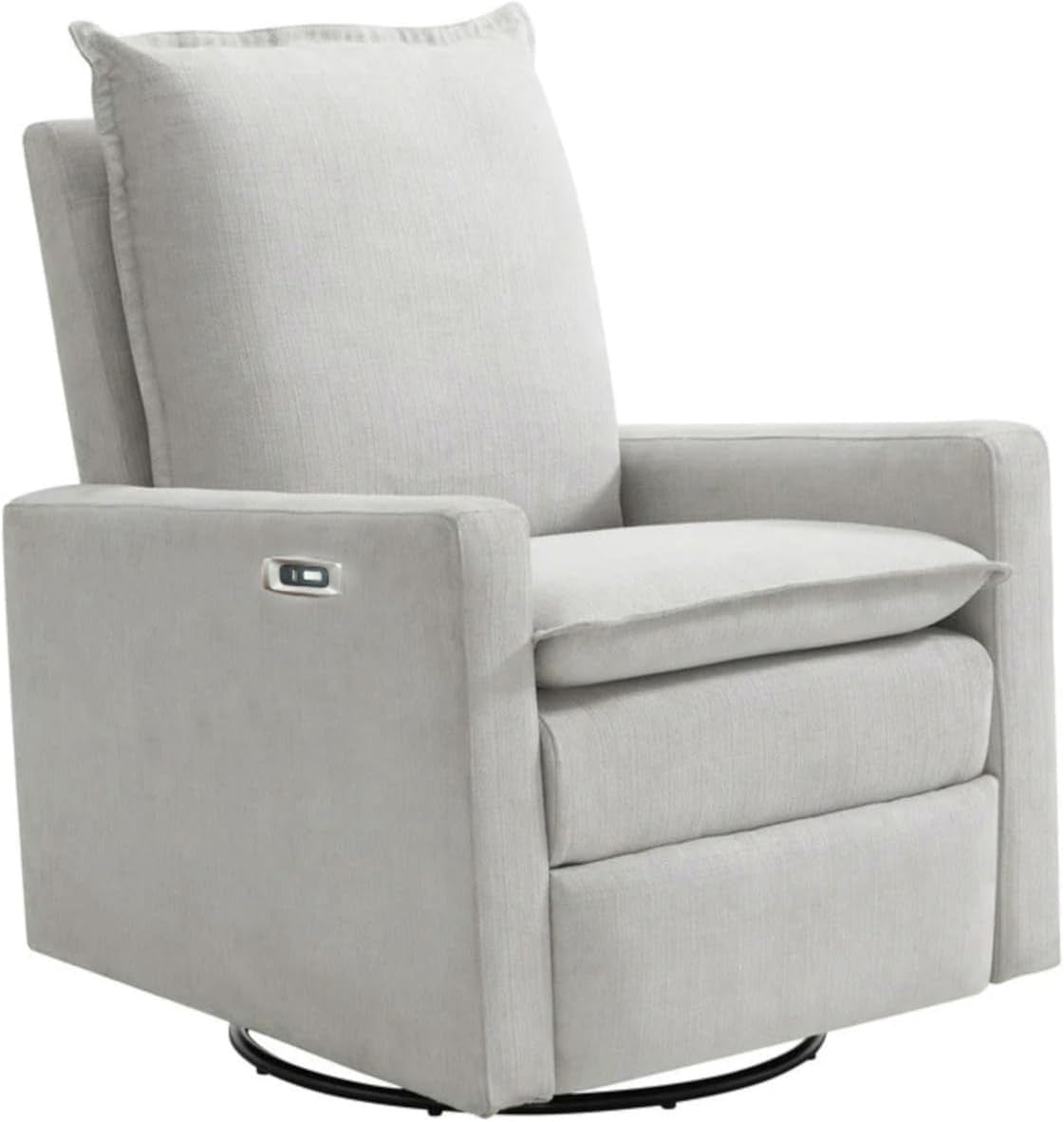 Three-quarter view of a light gray upholstered swivel glider recliner with square arms and circular metal base.