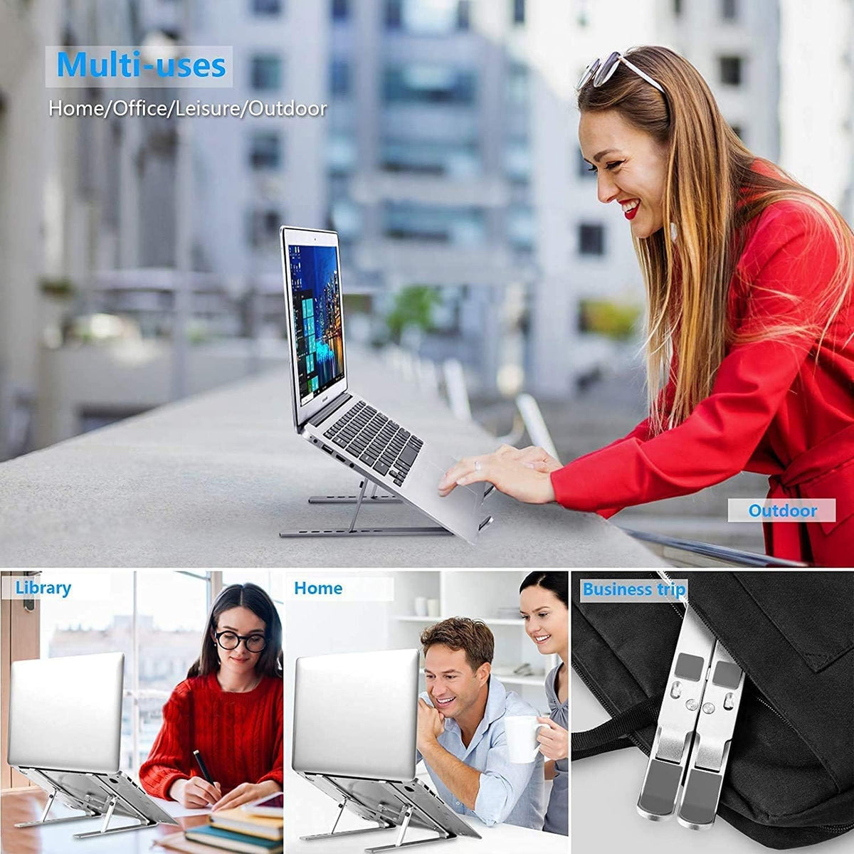 Silver laptop stand in an outdoor setting with a woman typing on a laptop placed on the raised stand
