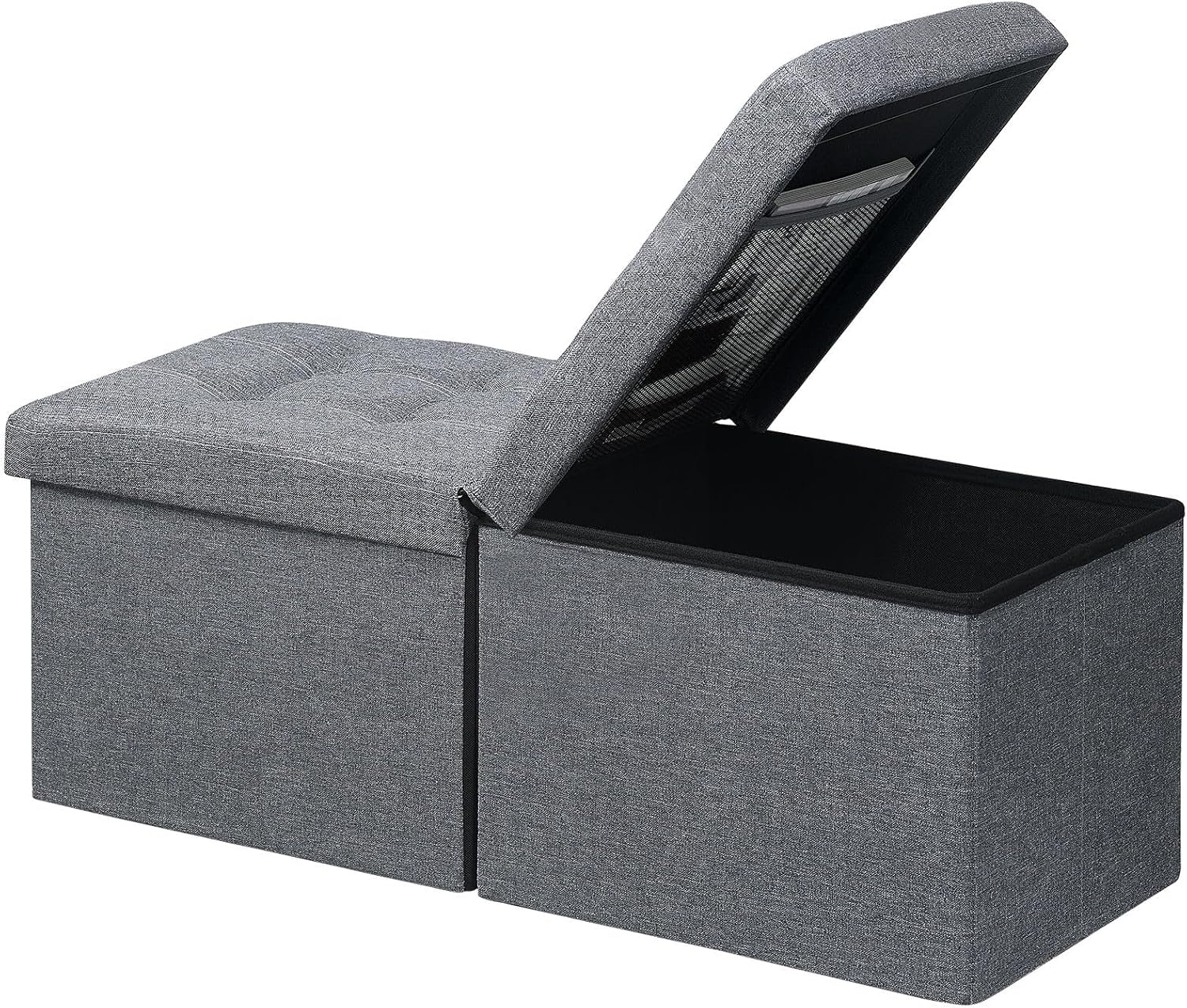 Gray fabric folding storage bench with tufted padded lid lifted to reveal dark storage compartment.