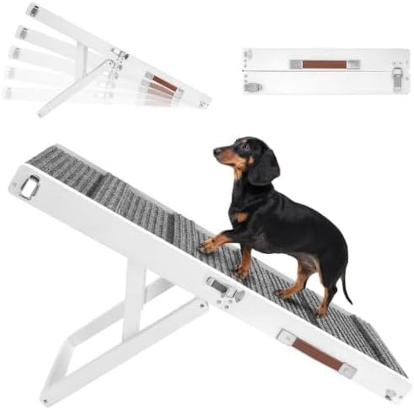 White-finished ramp angled upward with a small dog and visible hinge hardware and side latch