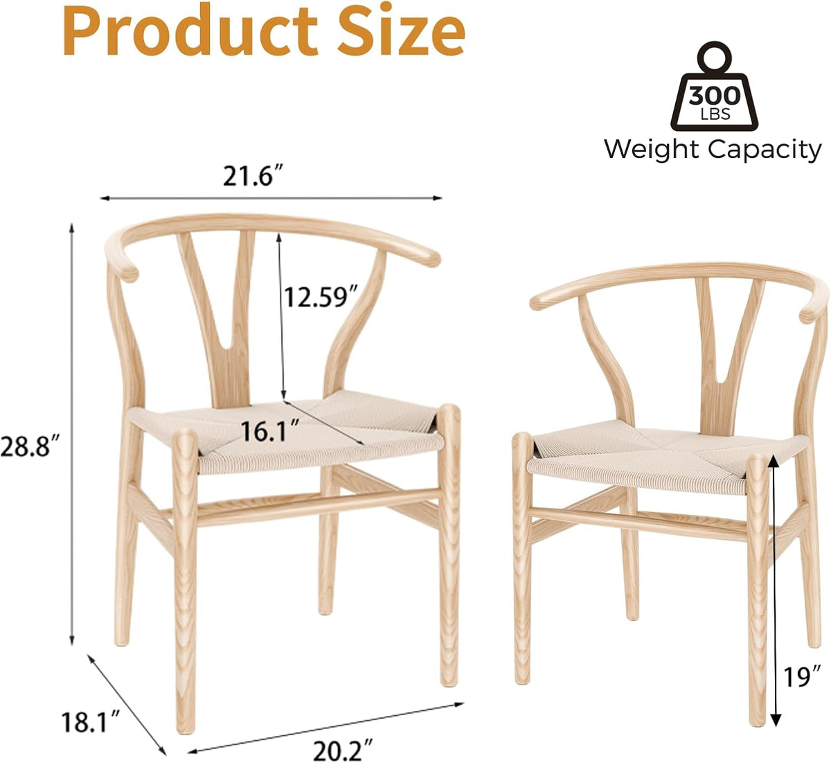 Size and specification graphic showing natural ash chair dimensions and 300 lb weight capacity