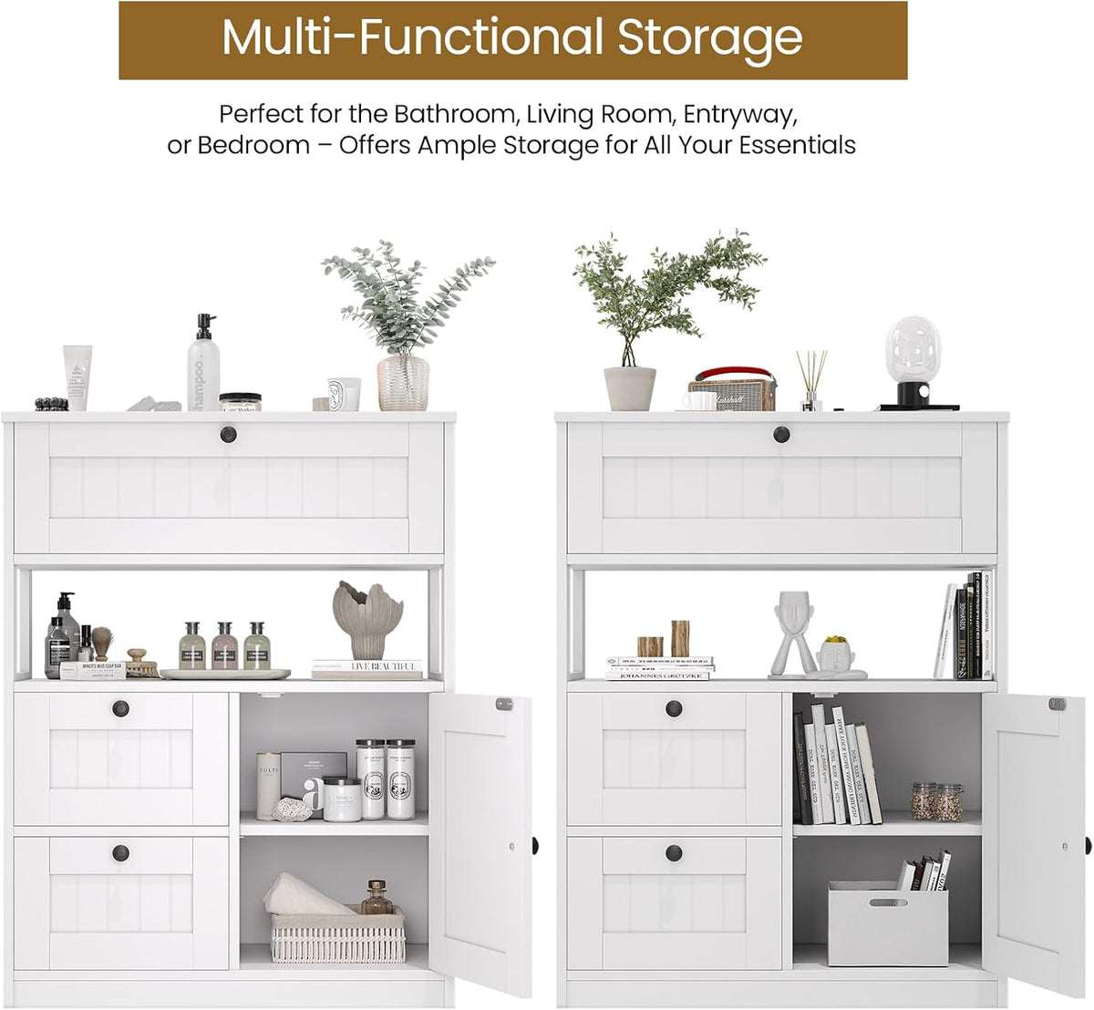 Two white beadboard cabinets side-by-side showing open shelves, drawers and a closed door for comparison