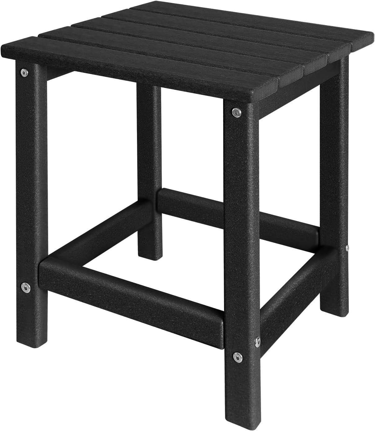 Three-quarter view of a small black slatted outdoor side table with square legs and lower shelf.