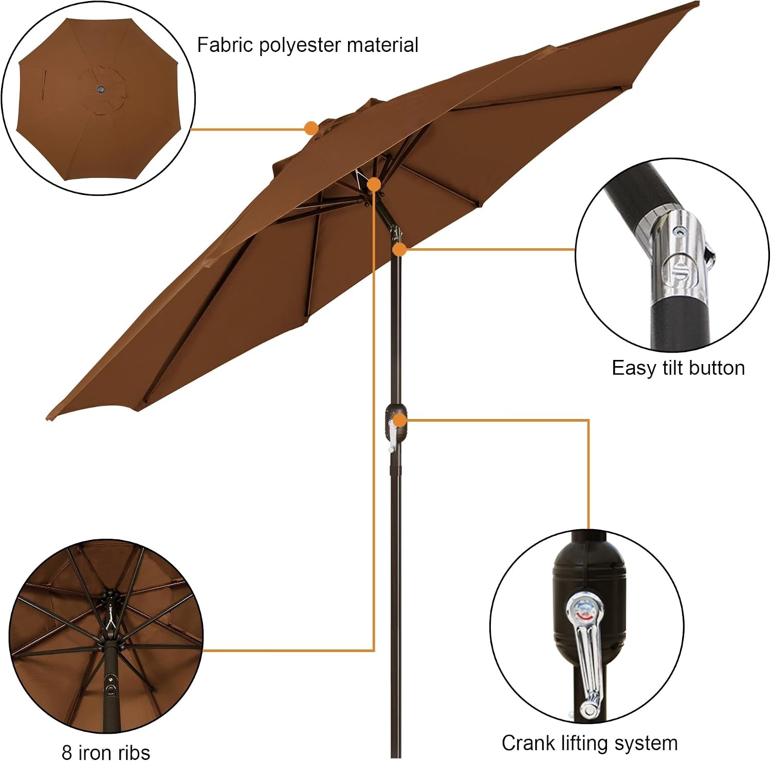 Angled close view of brown umbrella showing crank handle, tilt button and rib structure