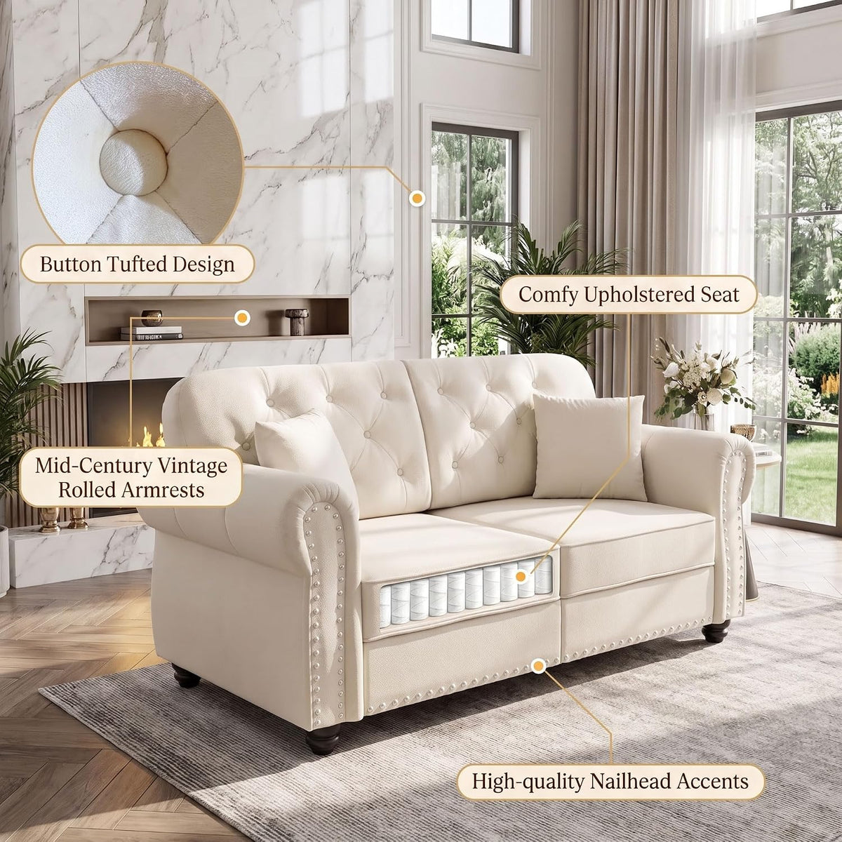 Lifestyle image of beige velvet Chesterfield sofa with matching ottoman and a person seated reading near a fireplace