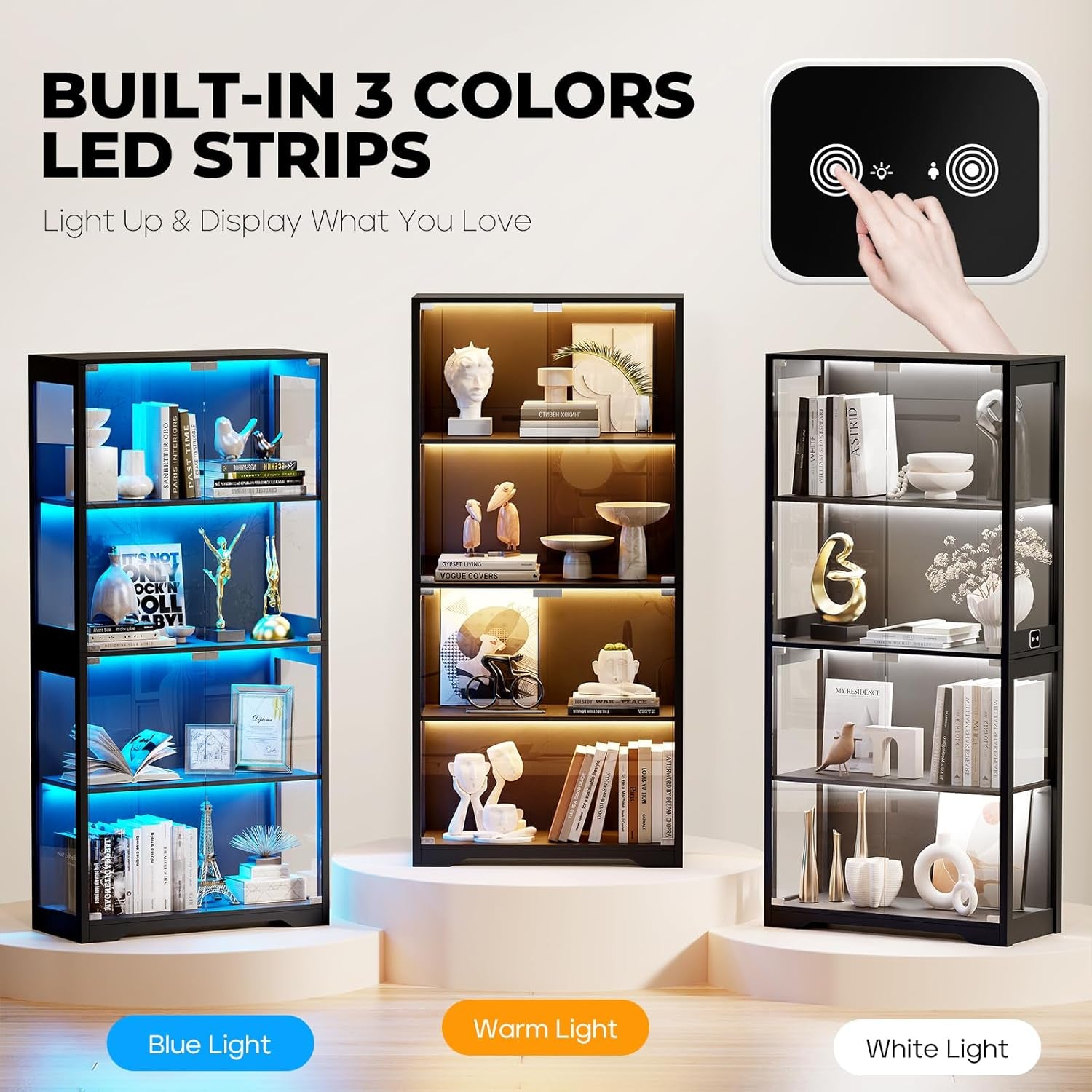 Three cabinets showing blue, warm, and white LED color modes with a touch control icon for the lighting system