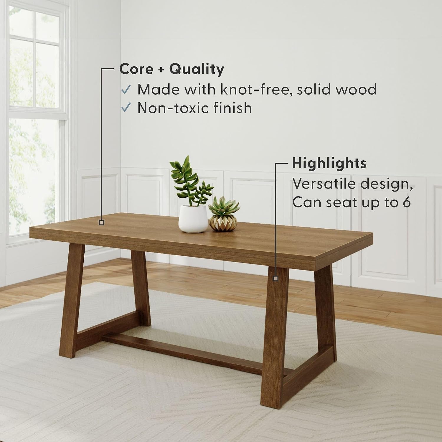 Front view of the table on a white background highlighting the trestle base and stretcher