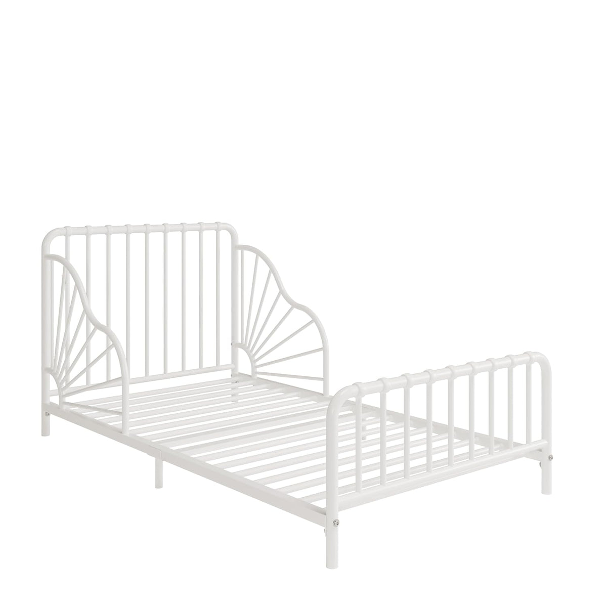 Off-white metal toddler bed shown angled to display headboard, footboard and slatted base.