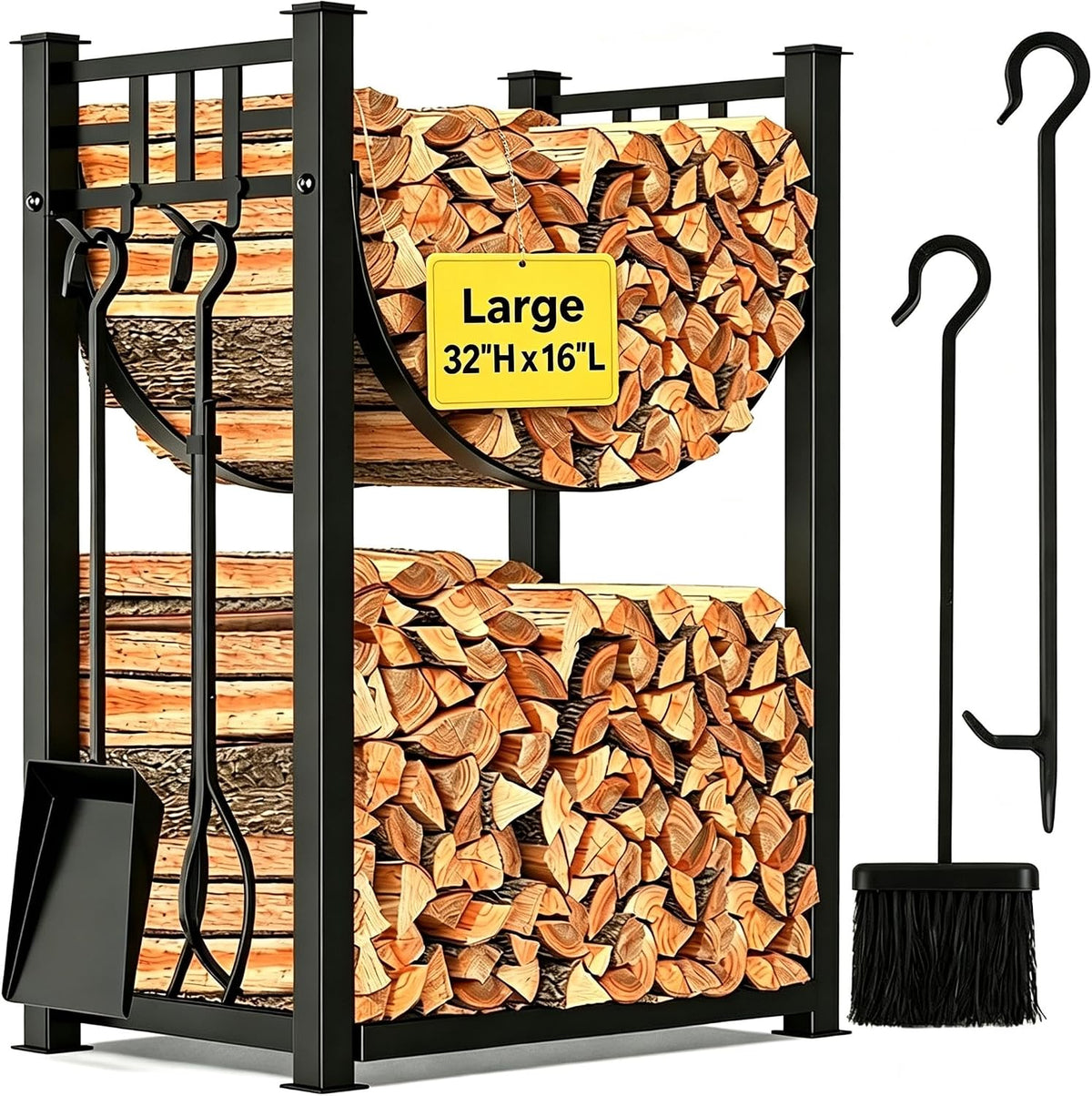 Black two-tier metal log rack filled with stacked firewood, with upright fireplace tools and brush at the side.