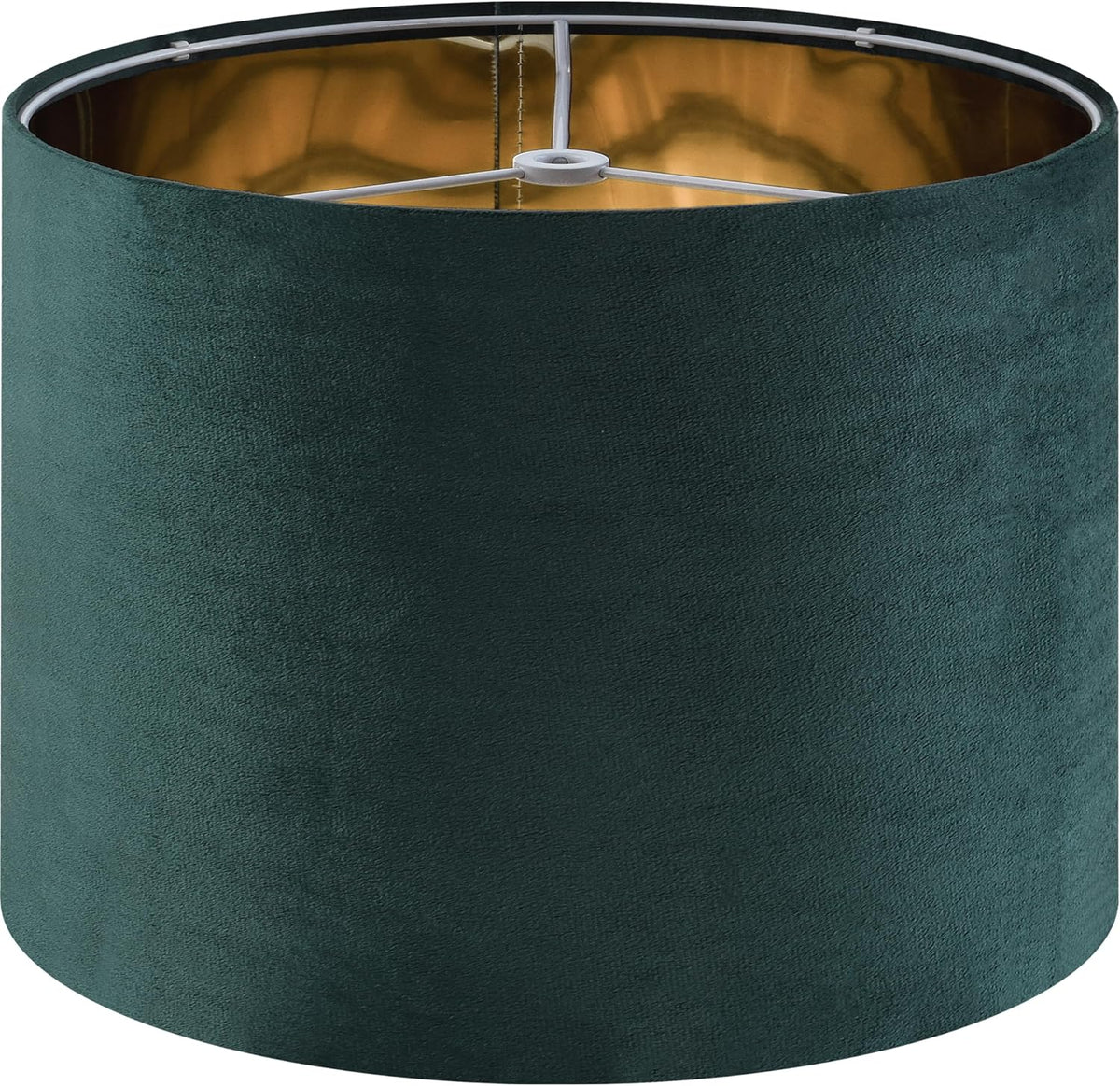Close-up of a single dark teal drum lampshade showing textured fabric and gold interior