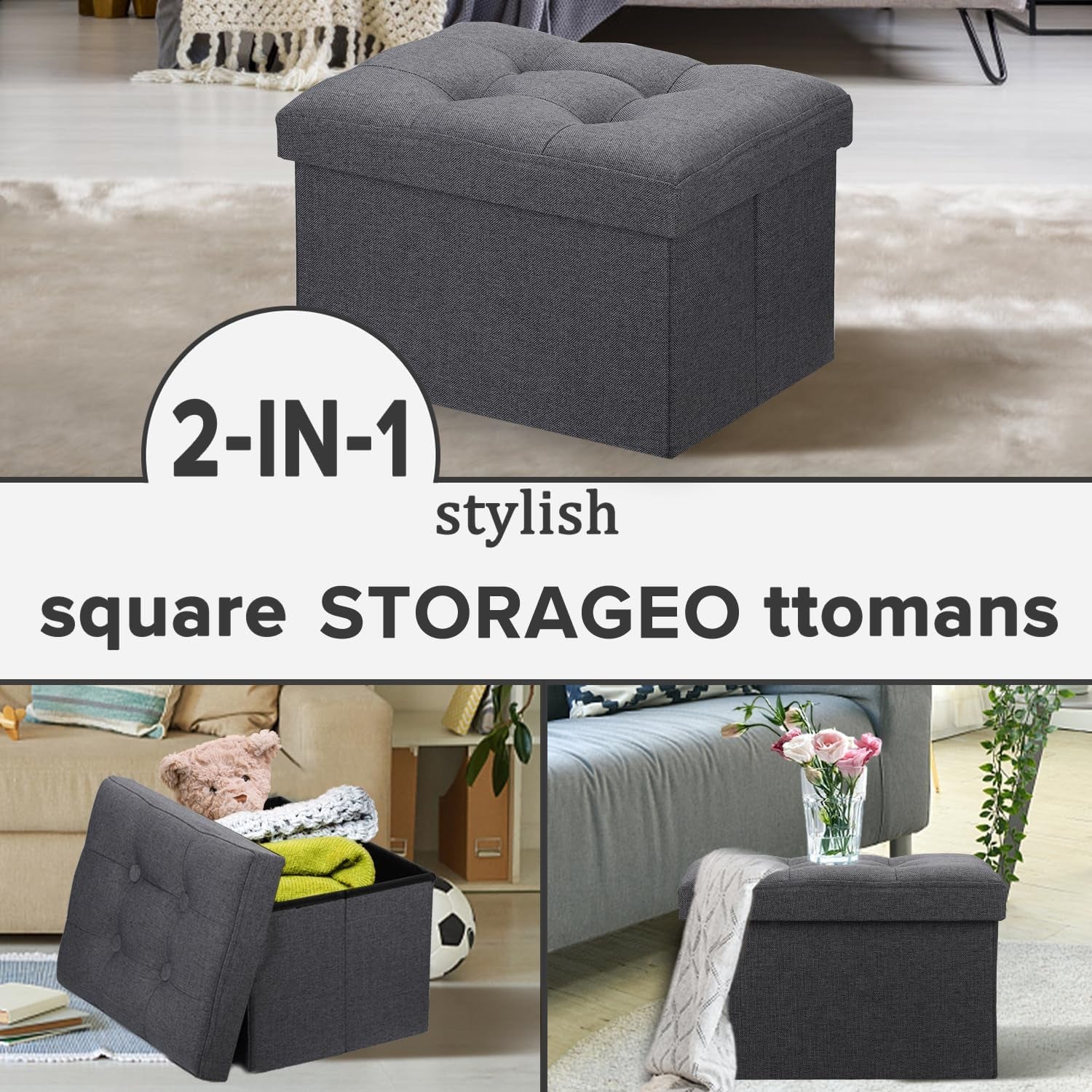 Dark gray ottoman staged on a rug as a square storage ottoman and small footrest