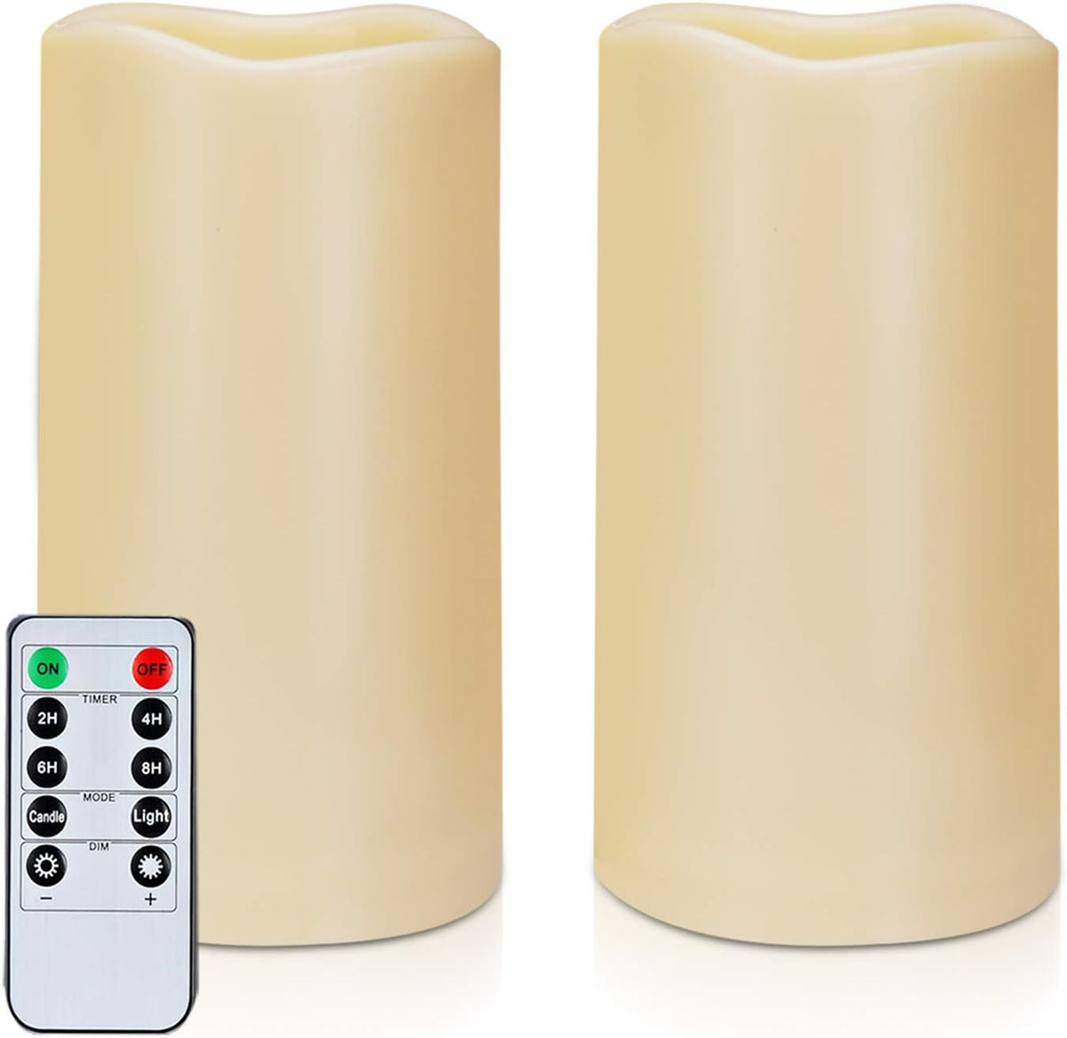 Front-facing view of two unlit ivory pillars with smooth sides and a remote tucked in front.