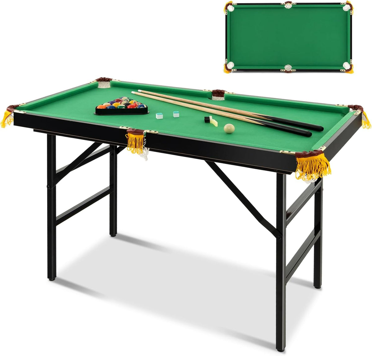 Green felt folding pool table on black metal legs with cues, balls and triangle on top