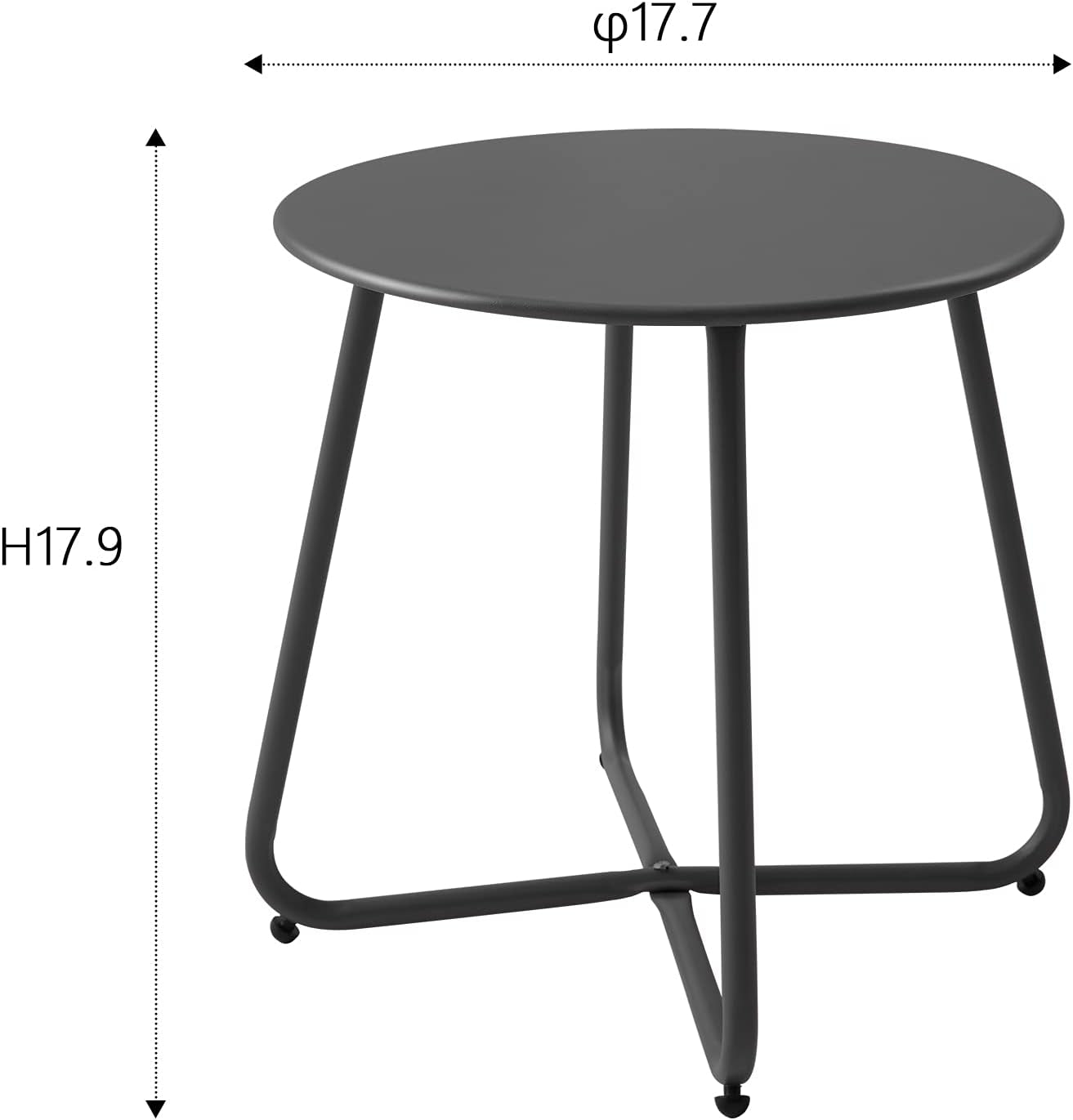 Front three-quarter view of a round metal side table on white background with dimension markers