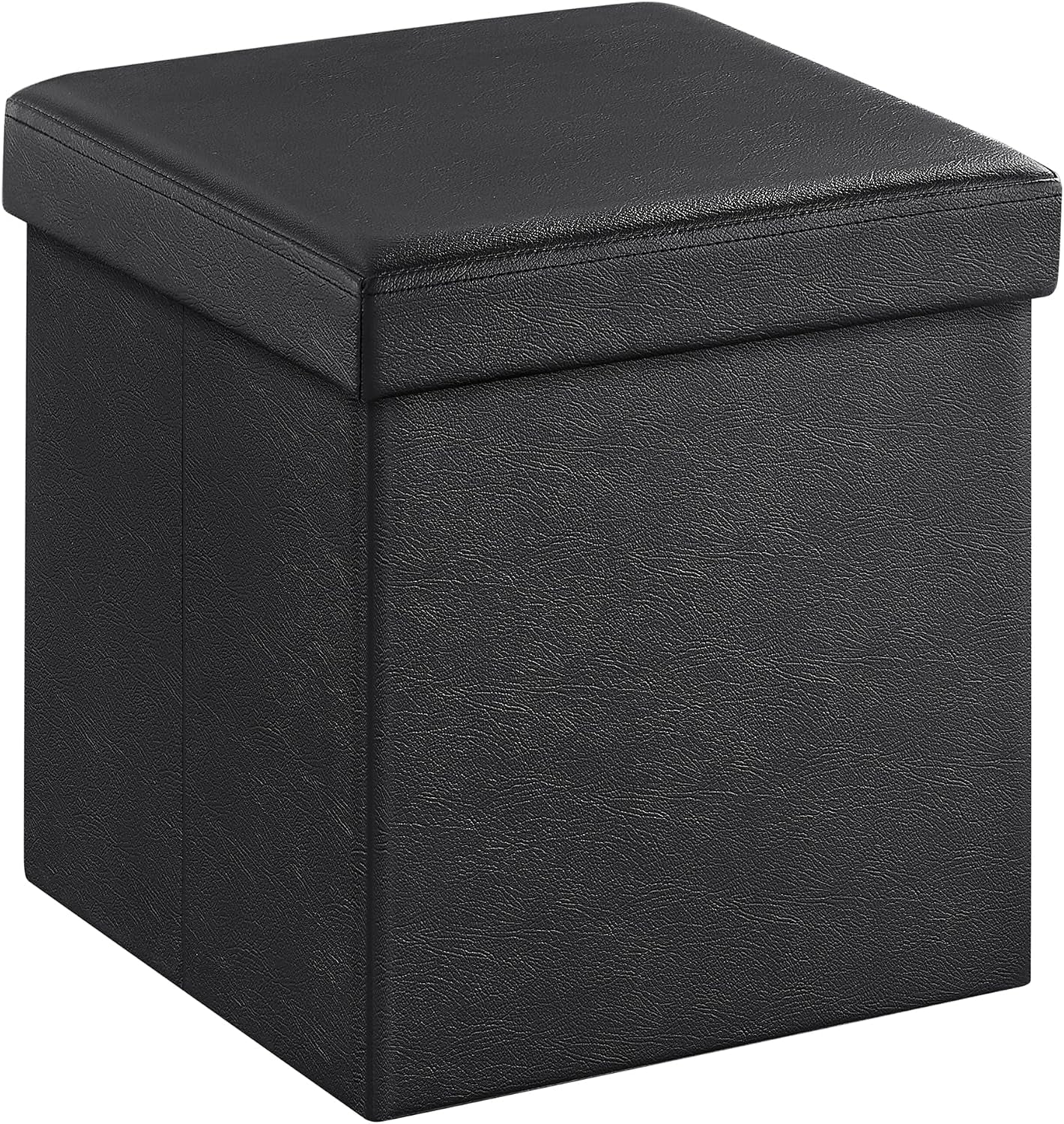 Black square storage ottoman angled front view showing textured synthetic leather