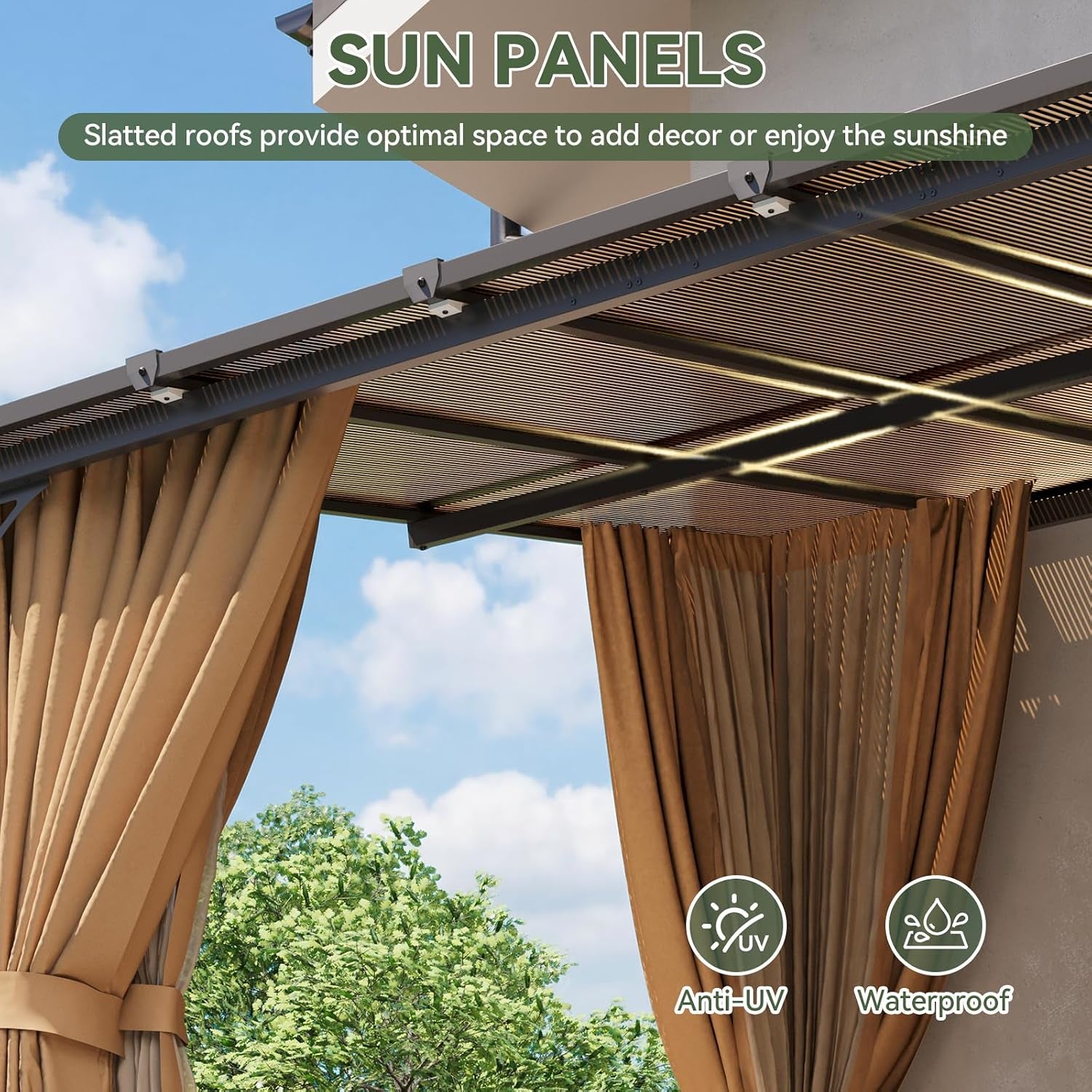 Close-up of the slatted roof panels and supporting frame with tied-back brown curtains and blue sky beyond.