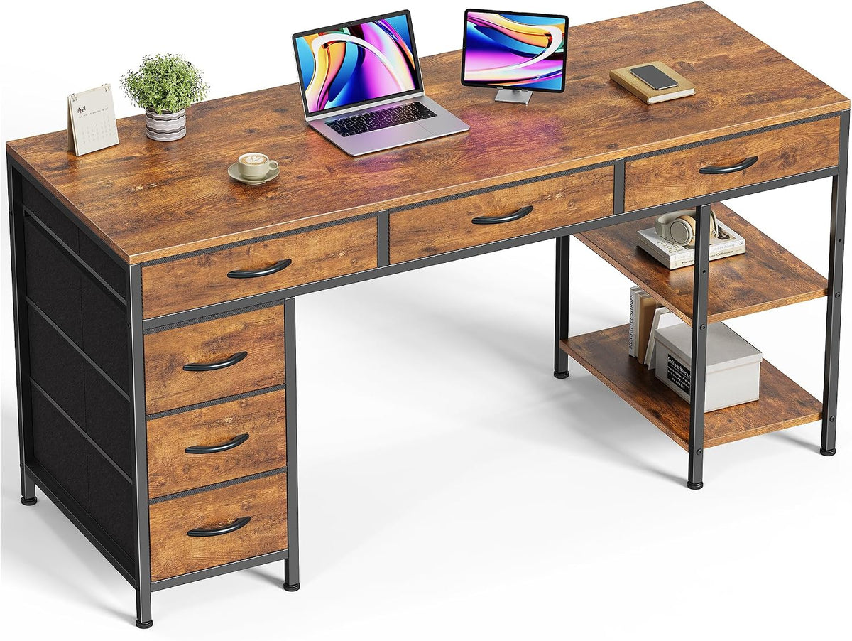 Angled view of the desk in rustic brown showing warm woodgrain top, fabric drawer fronts and open shelving