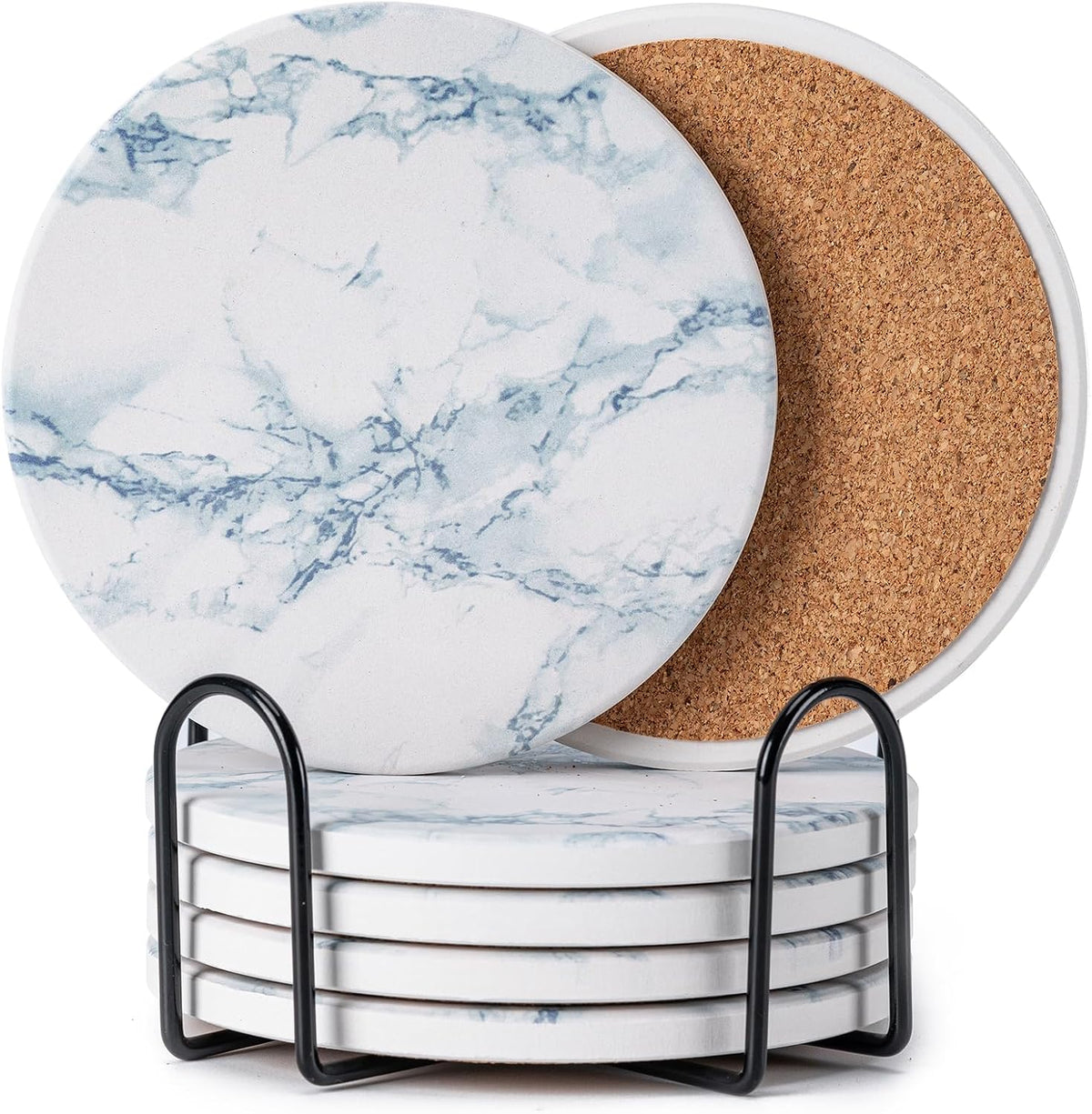 Stack of light gray marble-pattern coasters with soft blue veining and cork backing held in a black metal rack