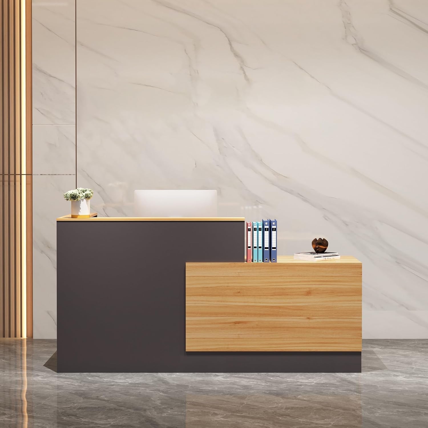 Front-facing view of the reception desk showing raised front counter and wood-finish return panel with accessories.