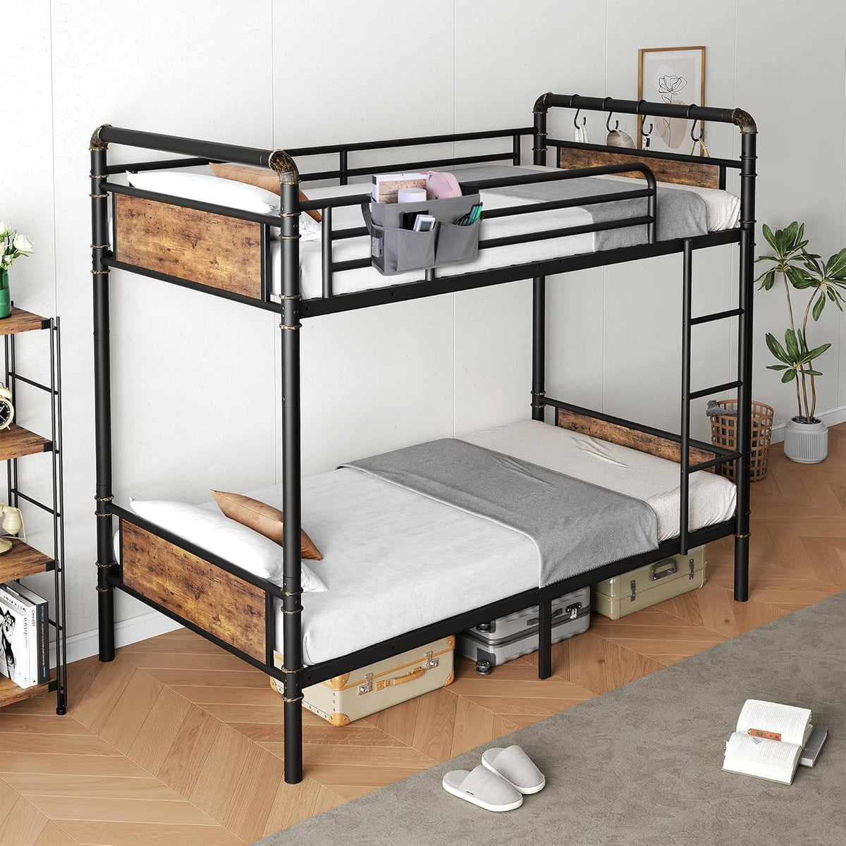 Twin-over-twin metal bunk bed with black frame and wood-tone panels in a bright bedroom setting.