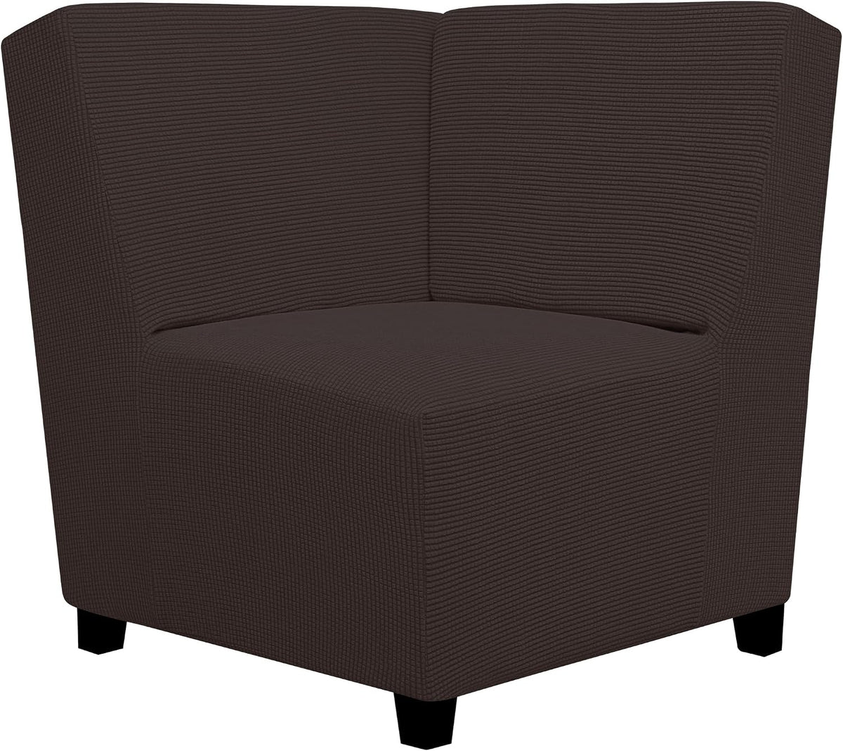 Corner section of a loveseat covered in a textured dark gray stretch slipcover on black legs.