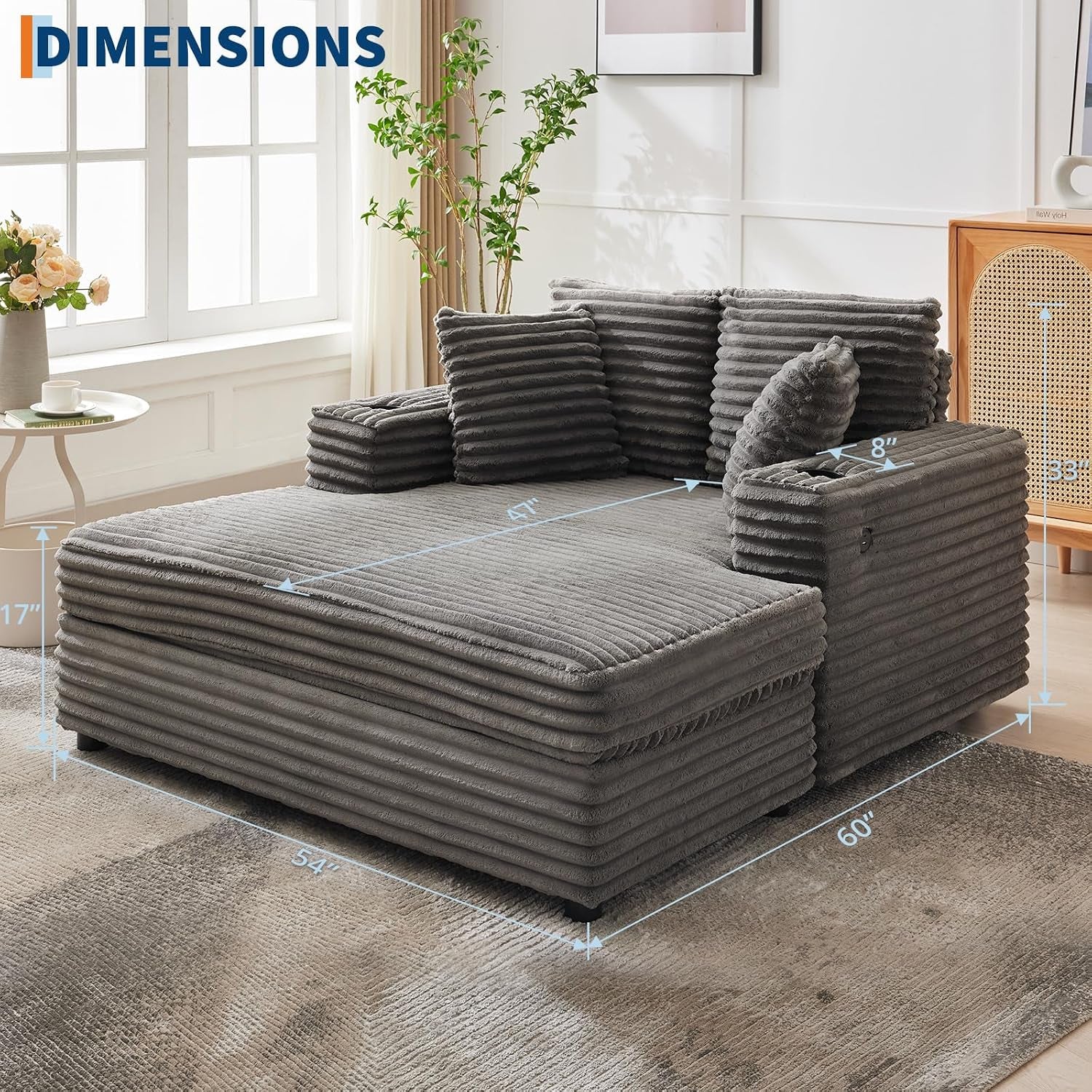 Grey chaise lounge with dimension overlays showing 54" x 60" x 33" measurements in a bright living room