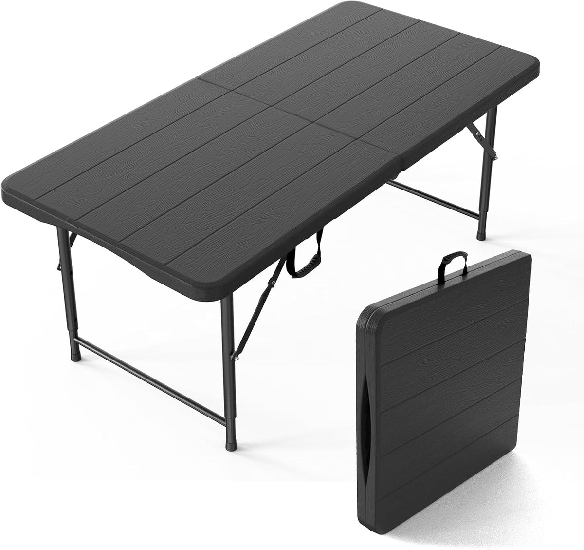 Folded-leg rectangular plastic table set up with a carrying-handle folded table standing nearby