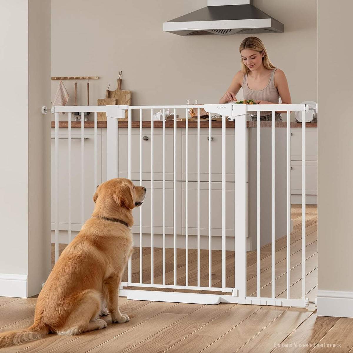 White safety gate across a kitchen doorway while a woman prepares food and a dog sits on the other side.